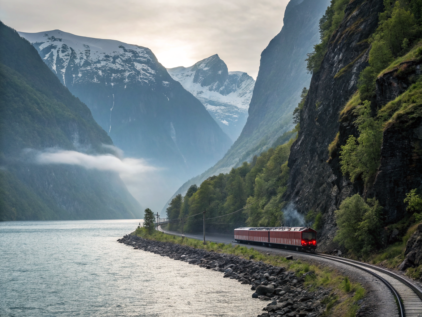Classic passenger train navigating a winding mountain track past waterfalls and verdant valleys near Flåm