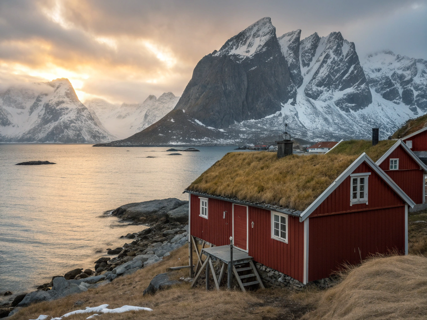 Authentic red wooden fisherman cabins built over still Arctic waters with jagged peaks behind in Lofoten
