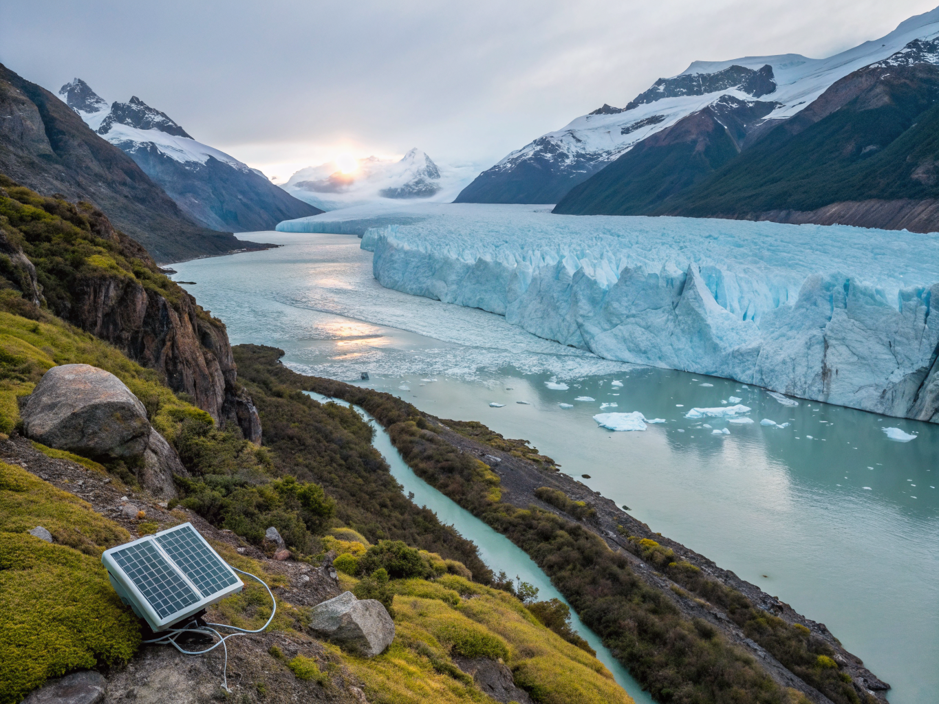 Massive blue glacial ice wall and floating pack ice under high-arctic skies in Svalbard