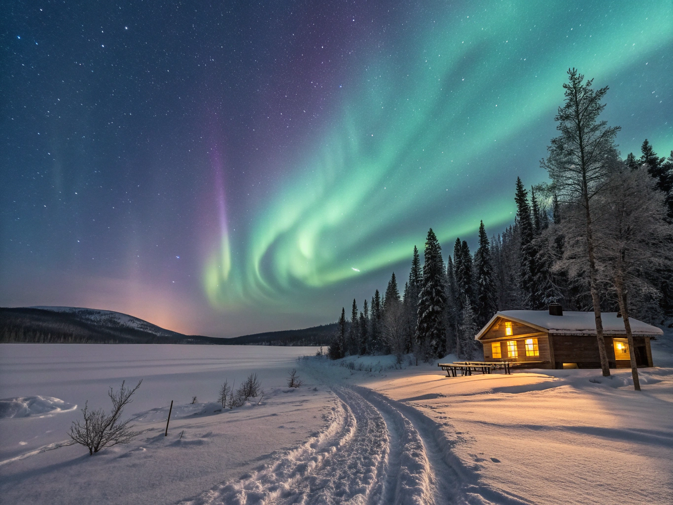 Brilliant green aurora borealis illuminating snow-dusted mountains and quiet waters around Tromsø