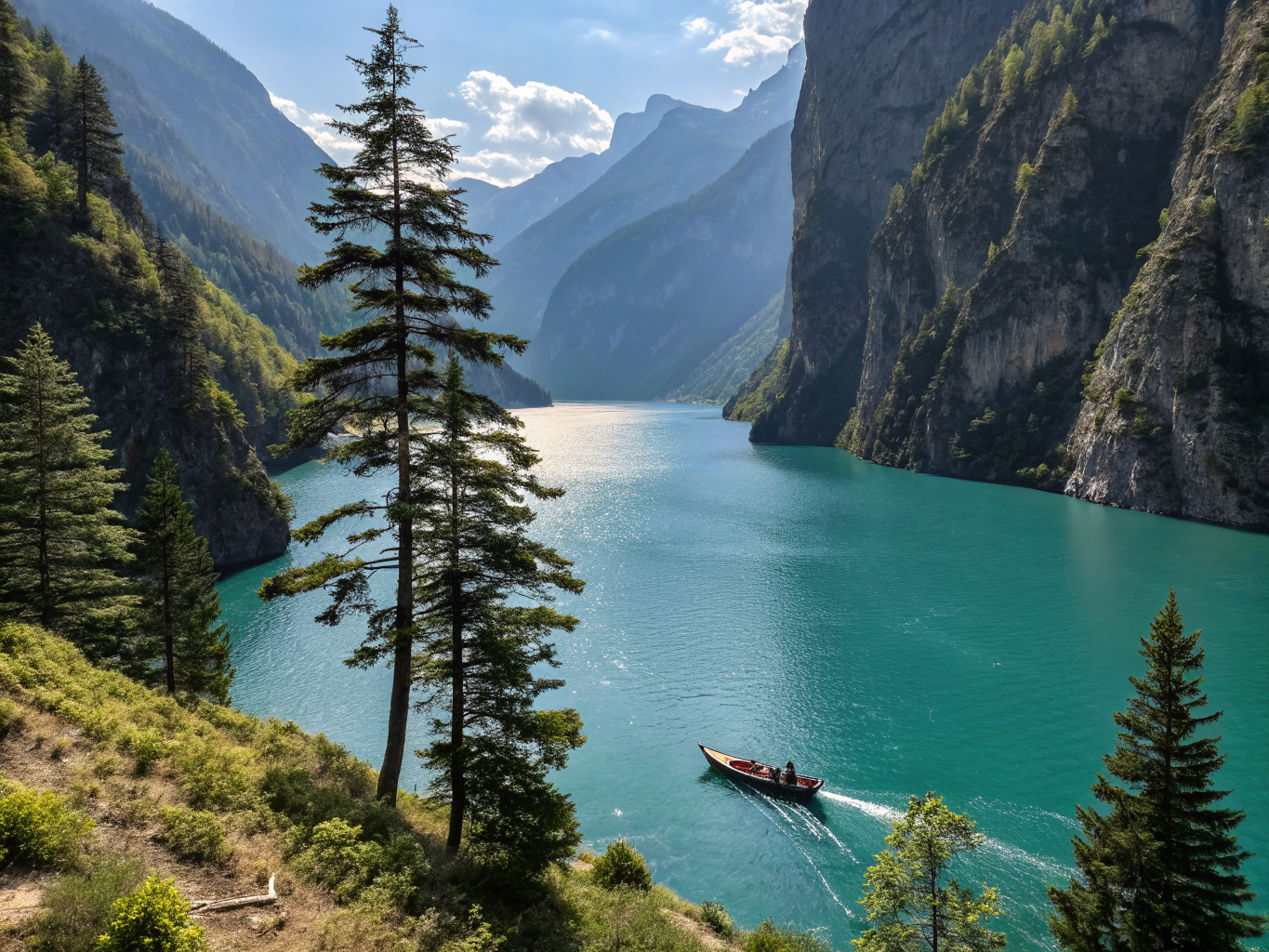 Panoramic aerial view over towering emerald cliffs and winding fjord waterways in Norway