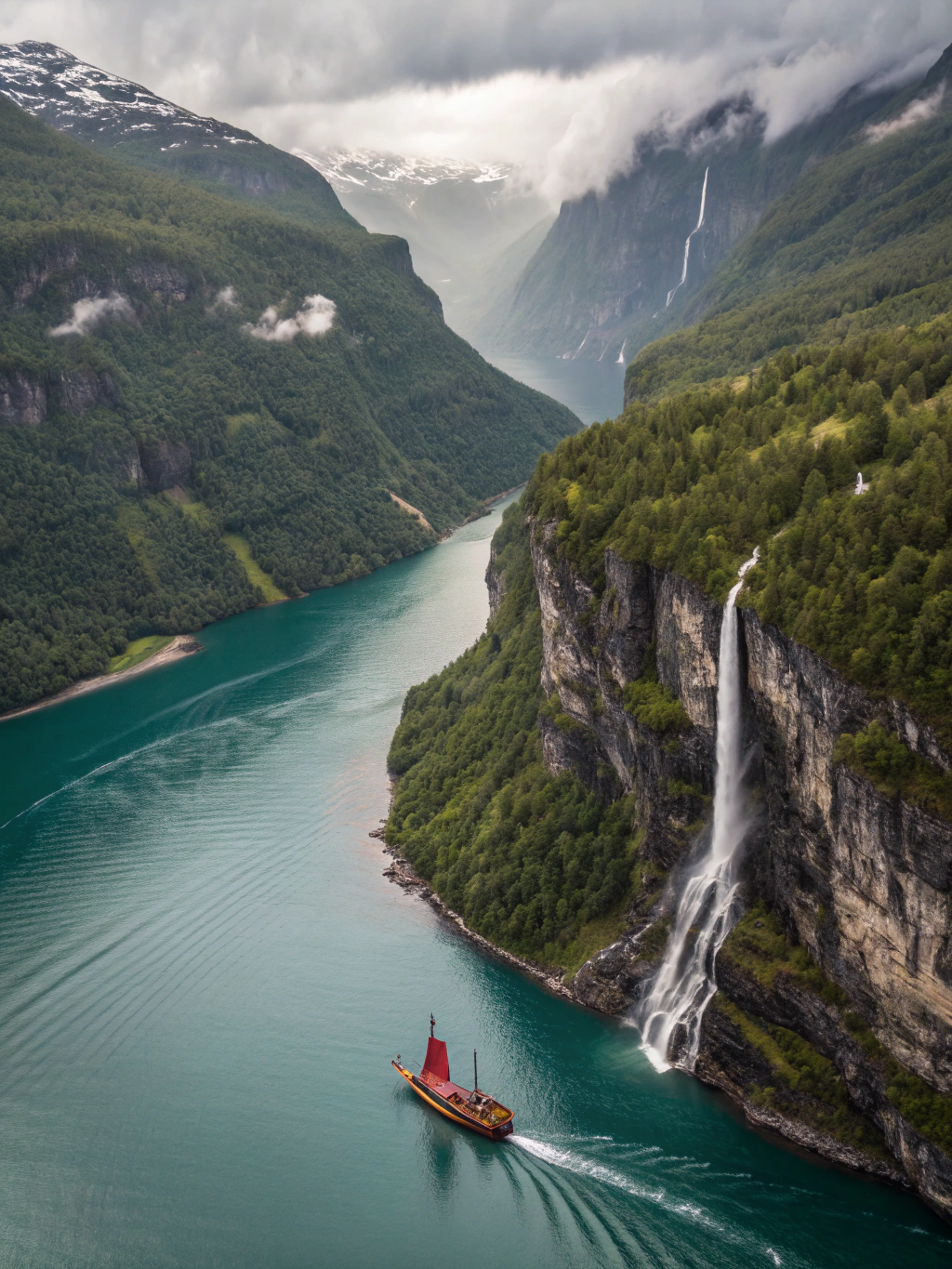 Panoramic aerial view over towering emerald cliffs and winding fjord waterways in Norway