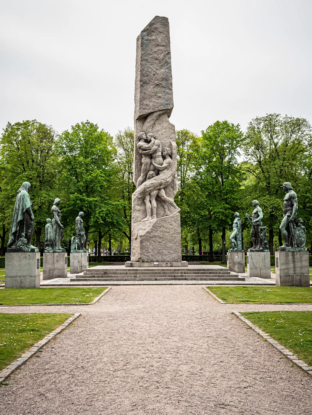 The iconic granite Monolith and bronze figurative sculptures surrounded by manicured avenues in Vigeland Park