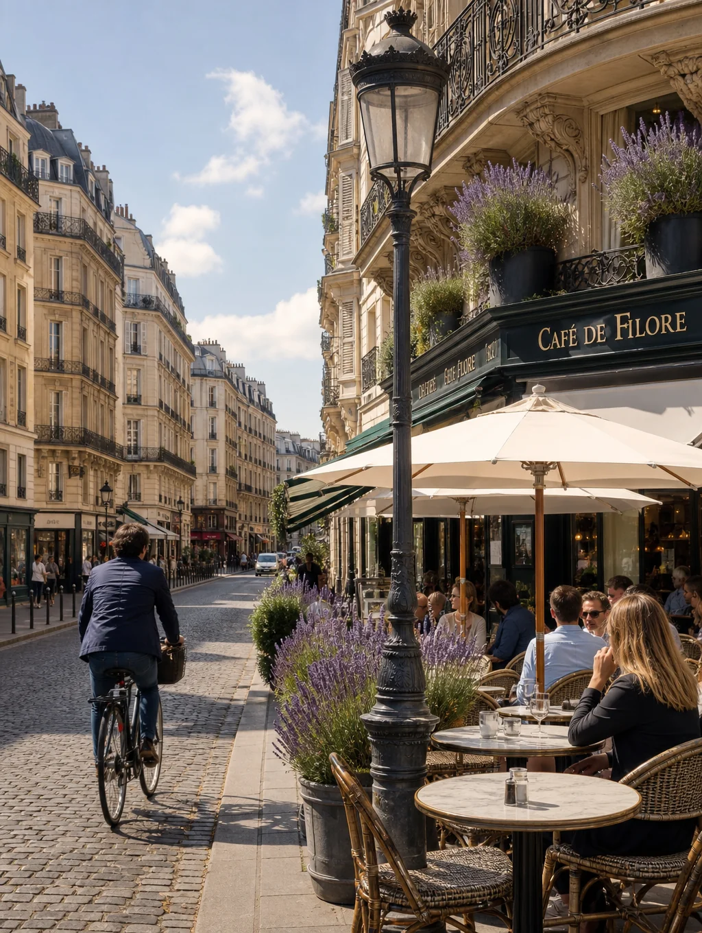 Elegant Parisian limestone avenue featuring classic wrought iron balconies and avenue trees