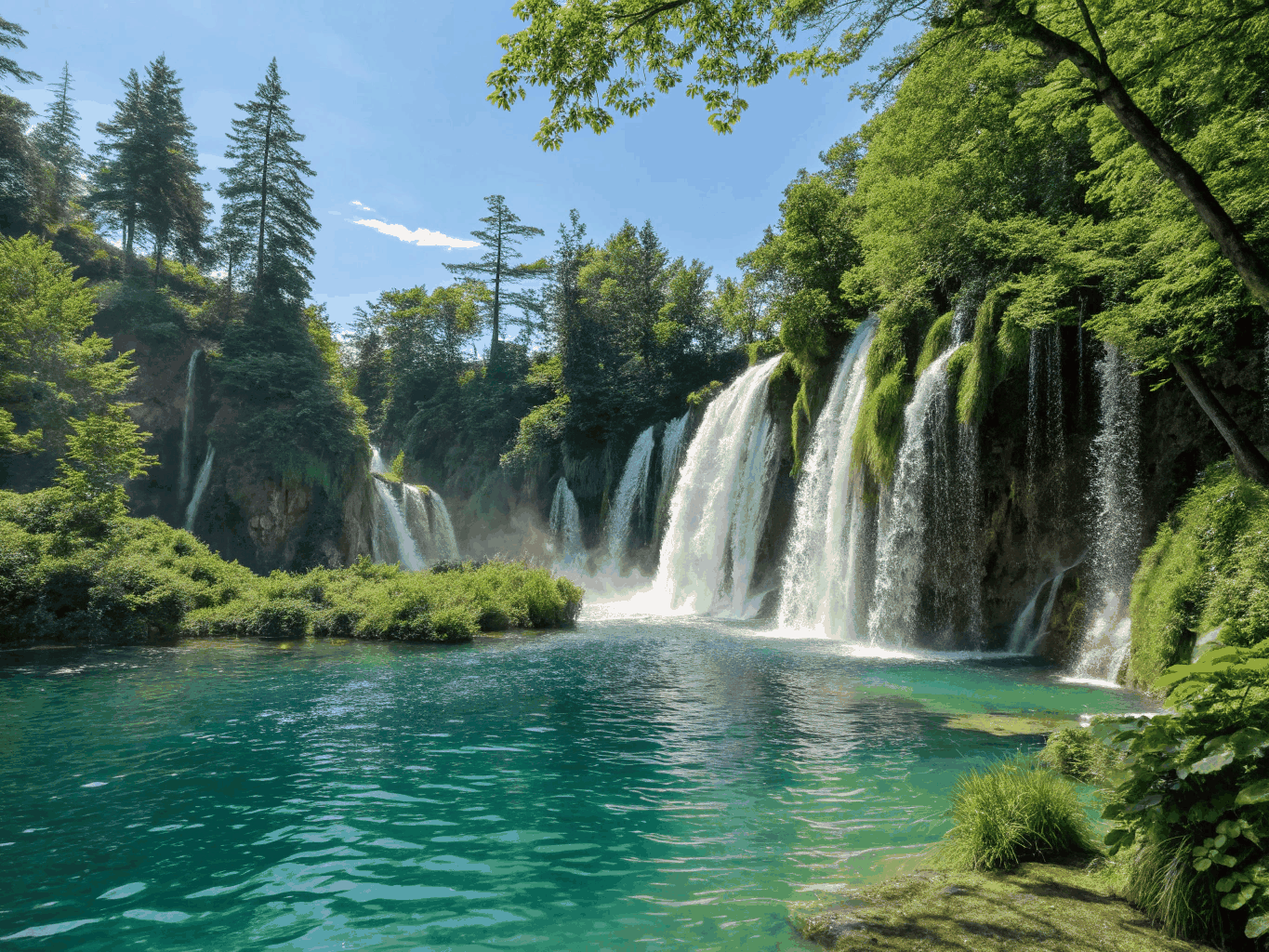 Krystallklare turkise fossefall som fosser gjennom frodig bøkeskog i Plitvice