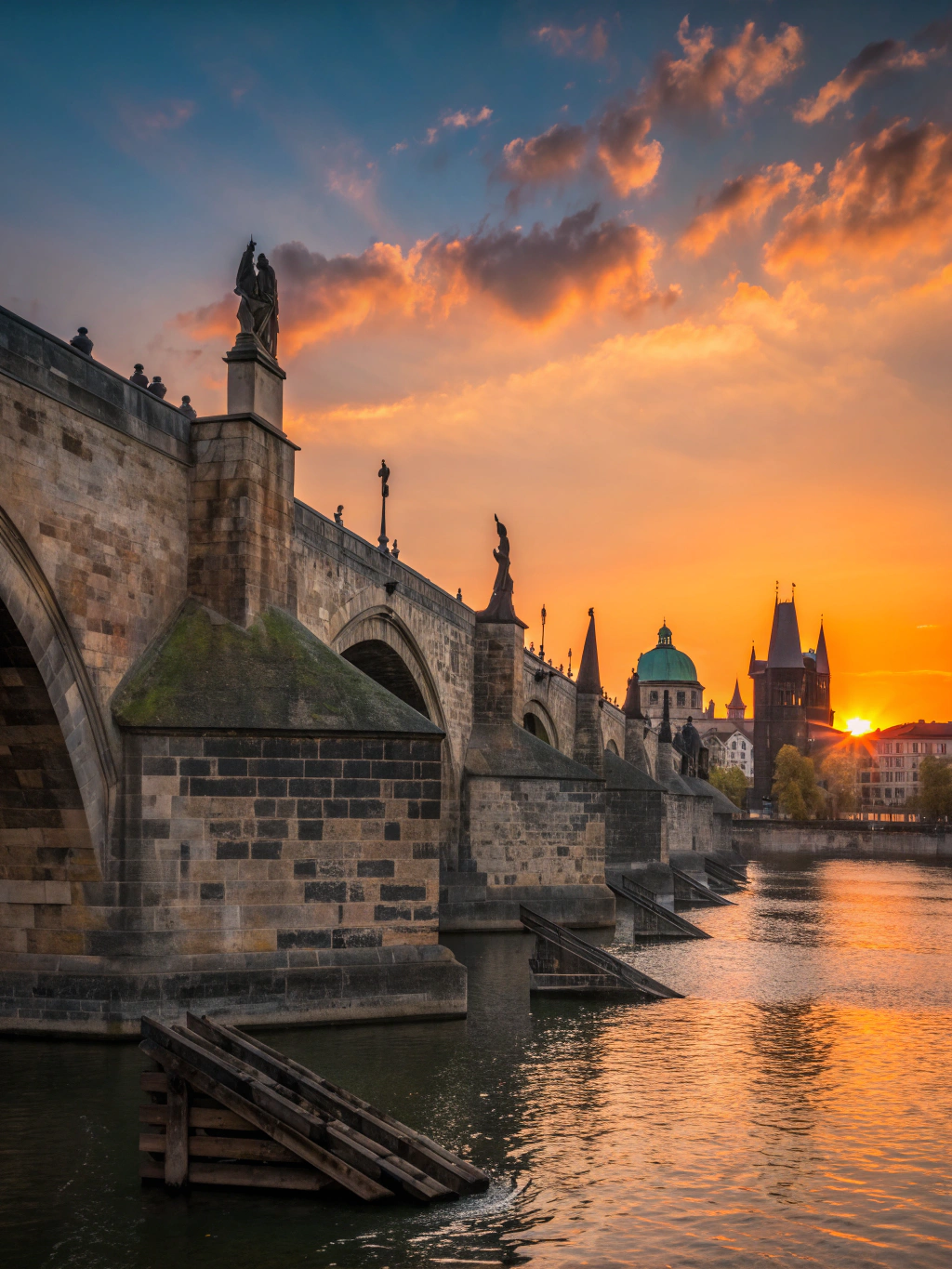 Historic cobblestone Charles Bridge lined with baroque stone statues over the Vltava River in Prague at dawn