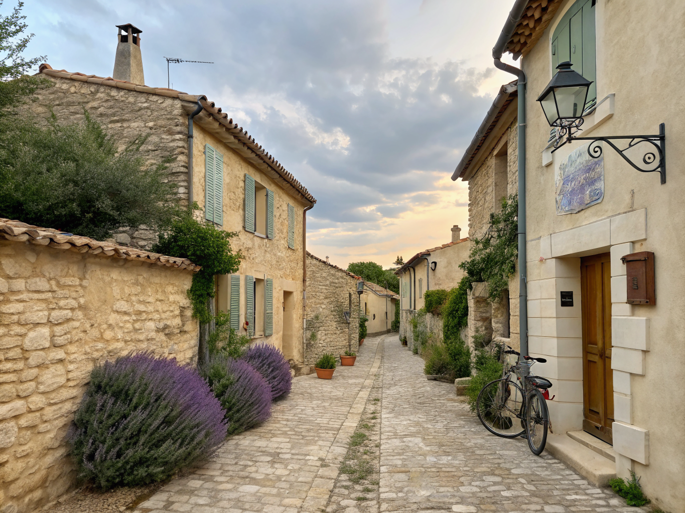 Stone village street with shuttered windows and lavender in Provence