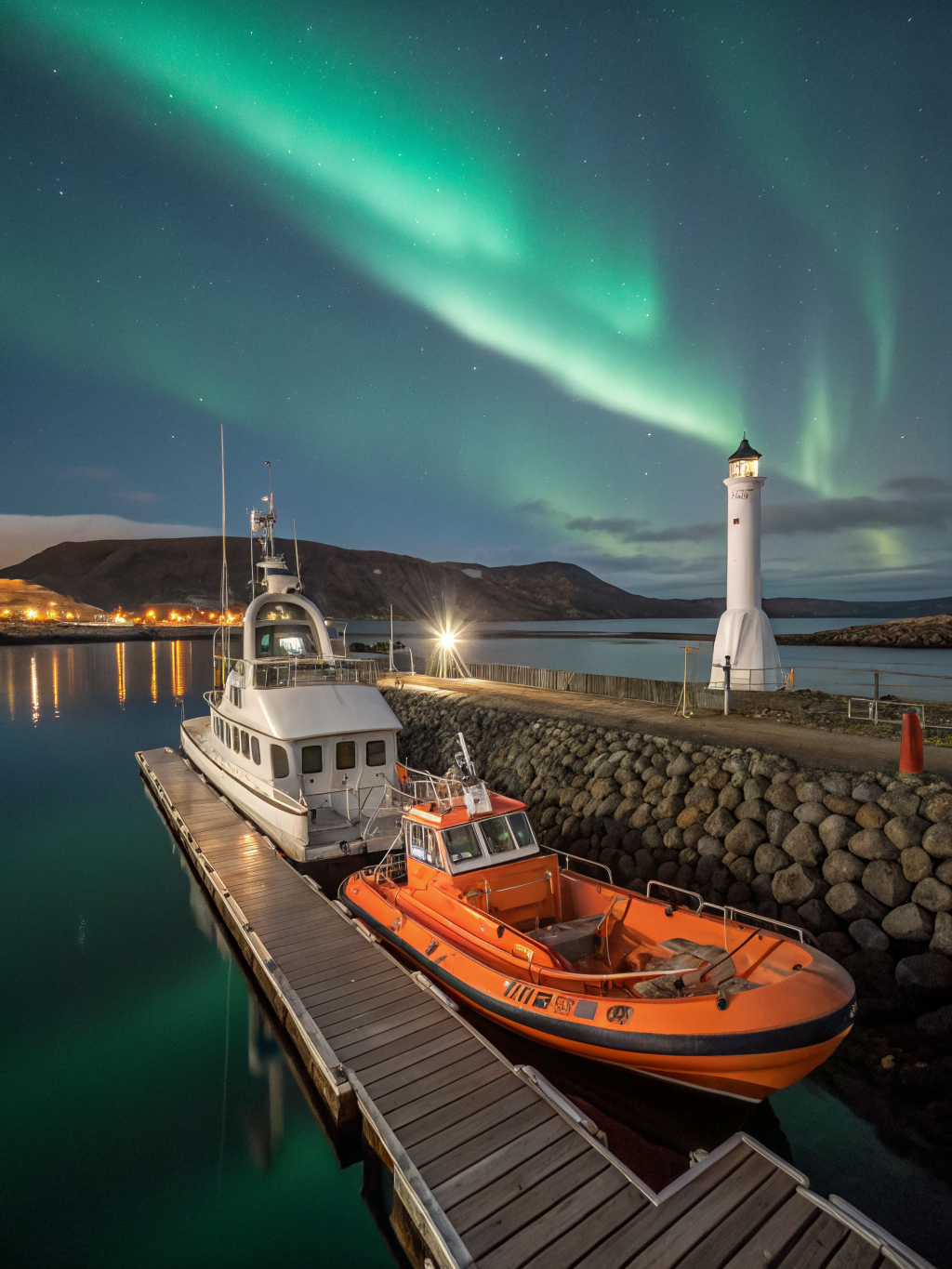 Vibrant painted rooftops and fishing boats moored in the historic harbor of Reykjavik against mountain vistas