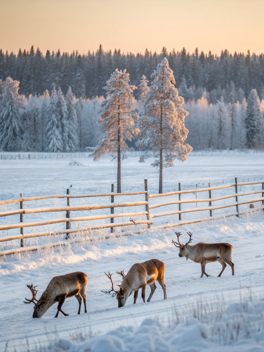 Reindeer grazing across expansive Arctic tundra beneath soft pastel subarctic skies in Lapland