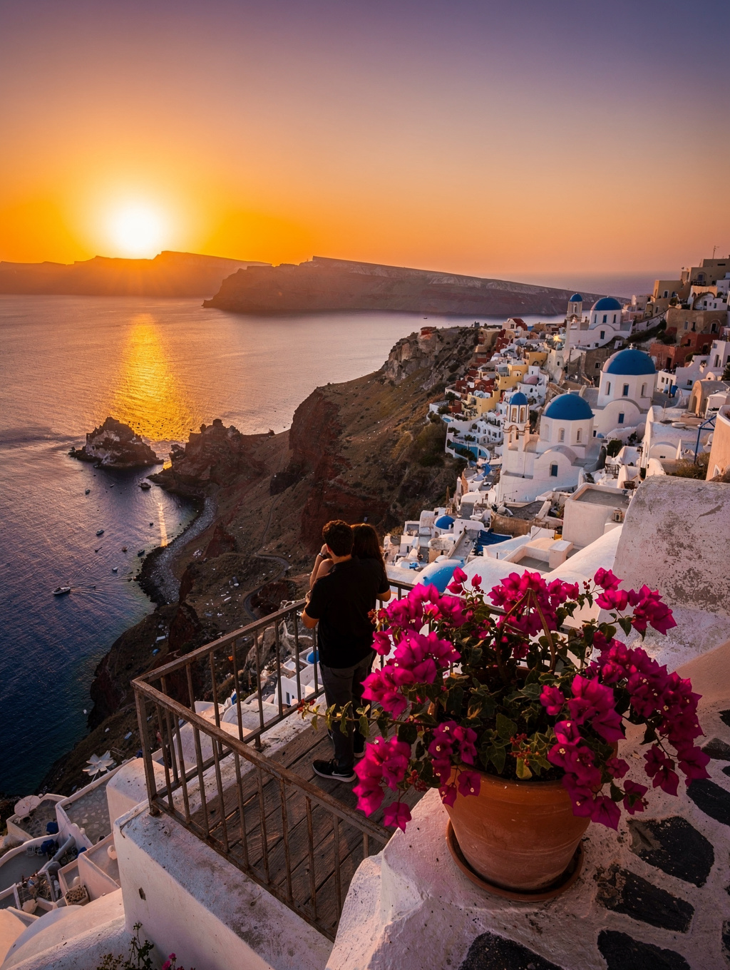 White tiered Cycladic cliff terraces overlooking the deep blue caldera under a golden sunset in Santorini