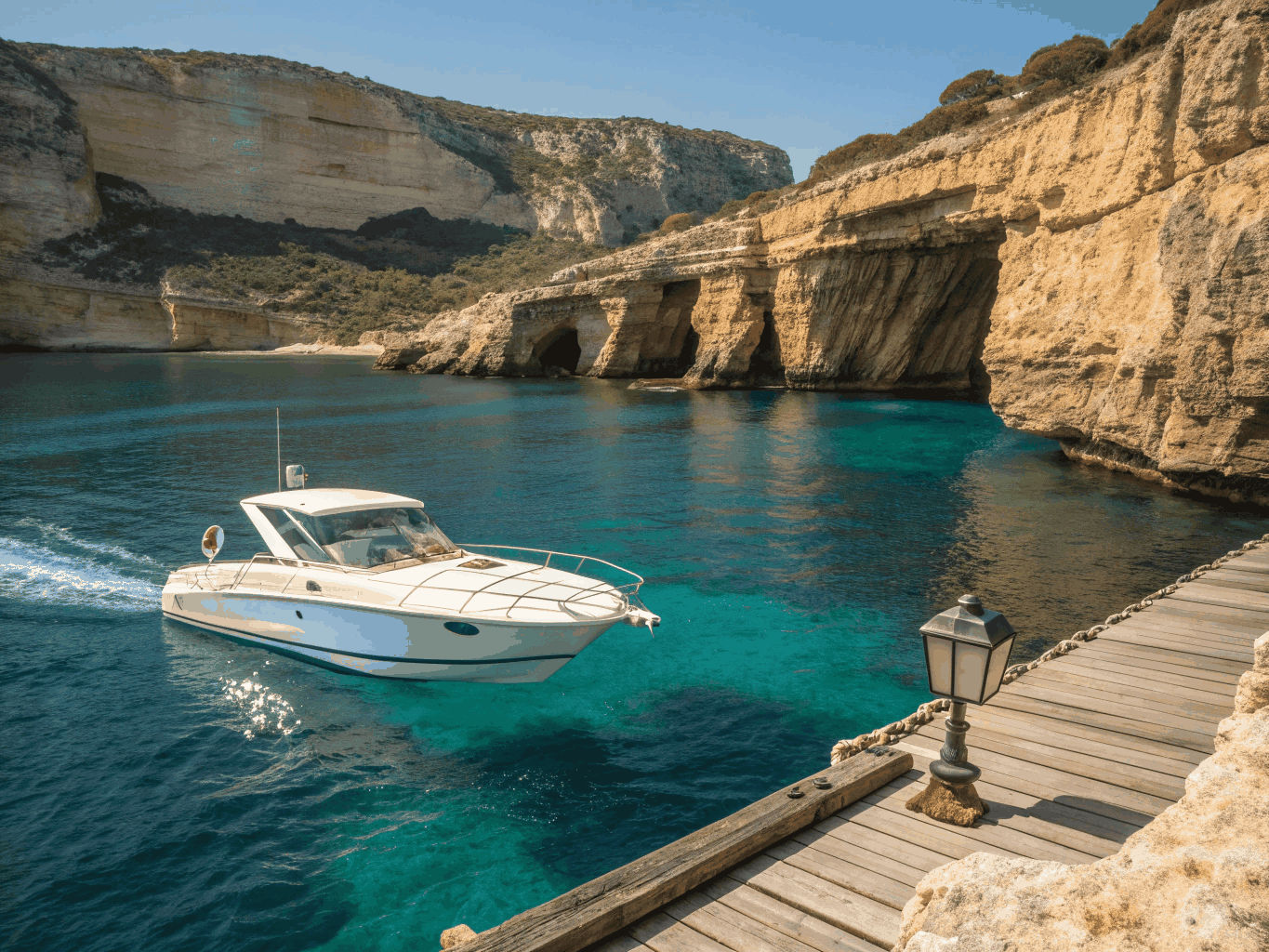Turquoise waters beside a white sandy cove framed by limestone cliffs