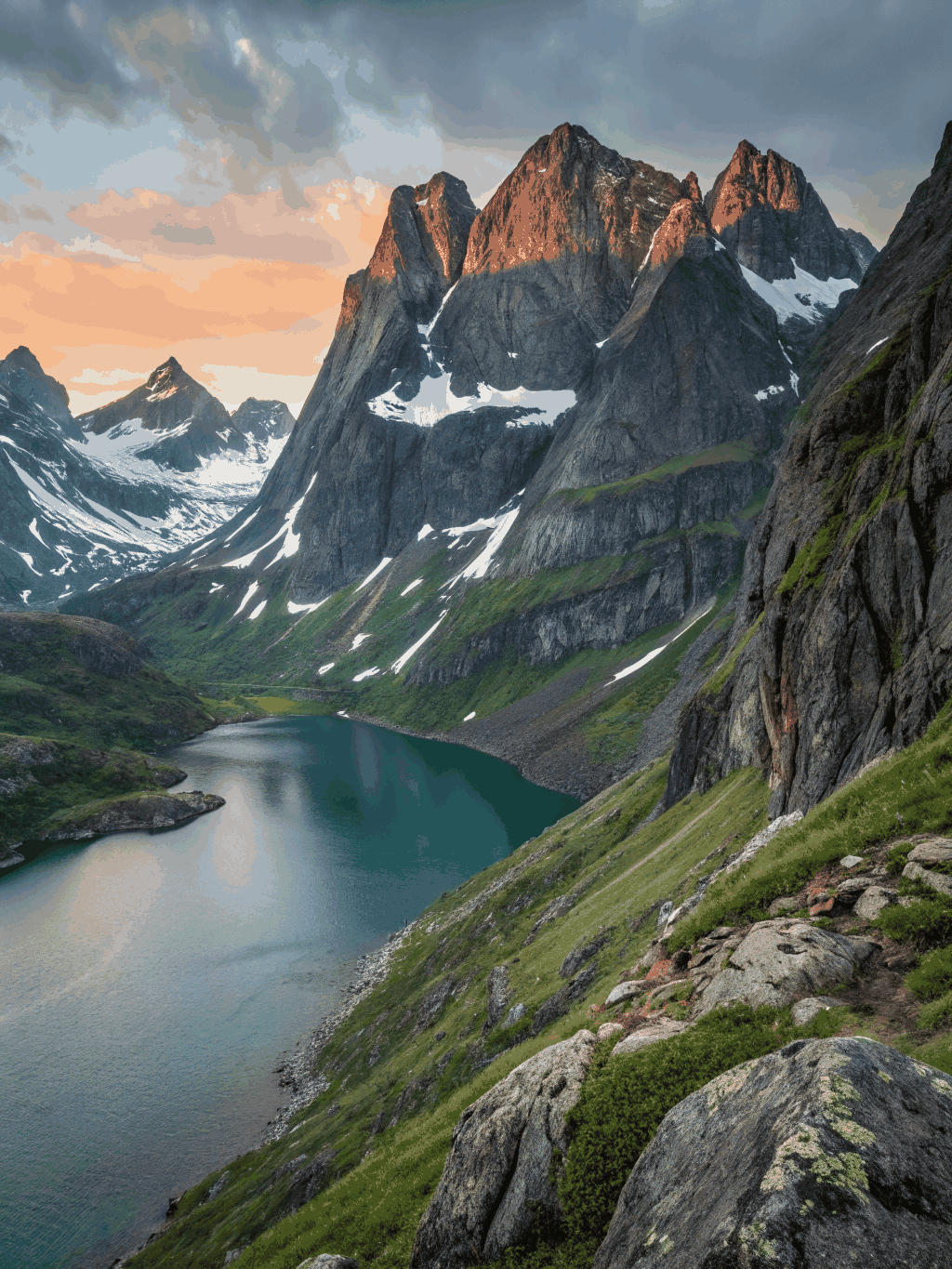 Jagged granite mountain peaks plunging vertically into deep sapphire fjords on Senja Island