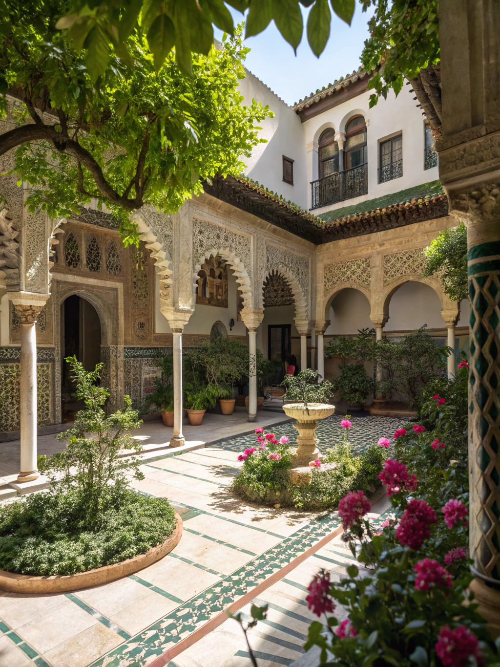 Intricate Moorish archways and reflecting pool in a historic Andalusian palace courtyard in Seville