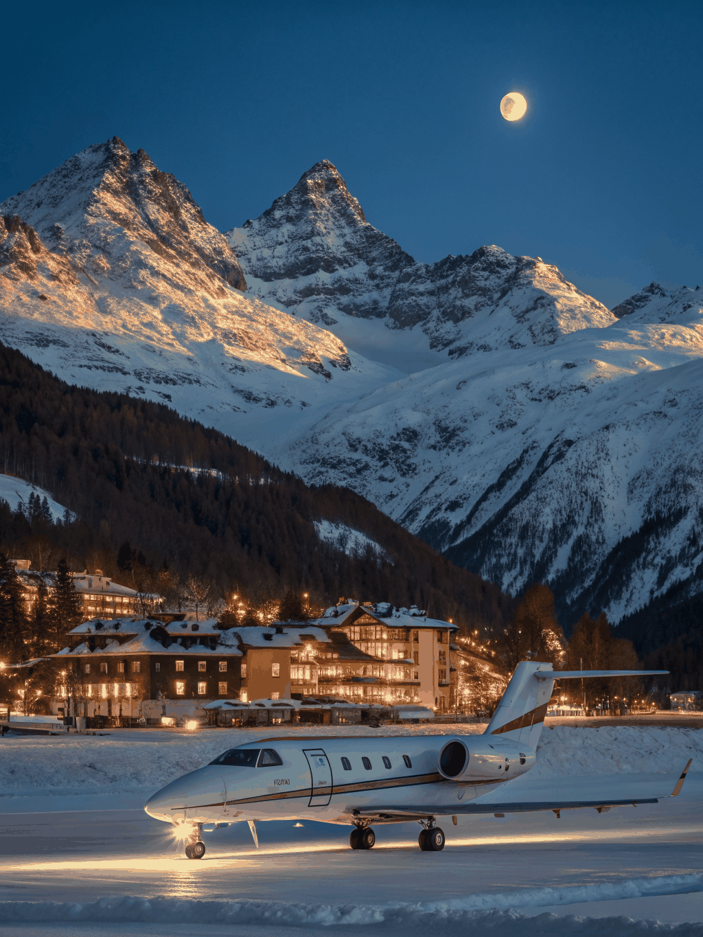 Grand luxury palatial hotel overlooking snowy Engadin peaks and frozen Lake St. Moritz in Switzerland