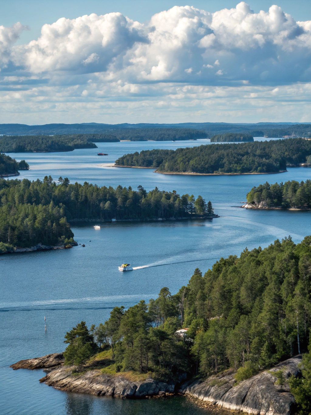 Pine-covered granite islands and calm blue sea channels across the Stockholm archipelago at late afternoon