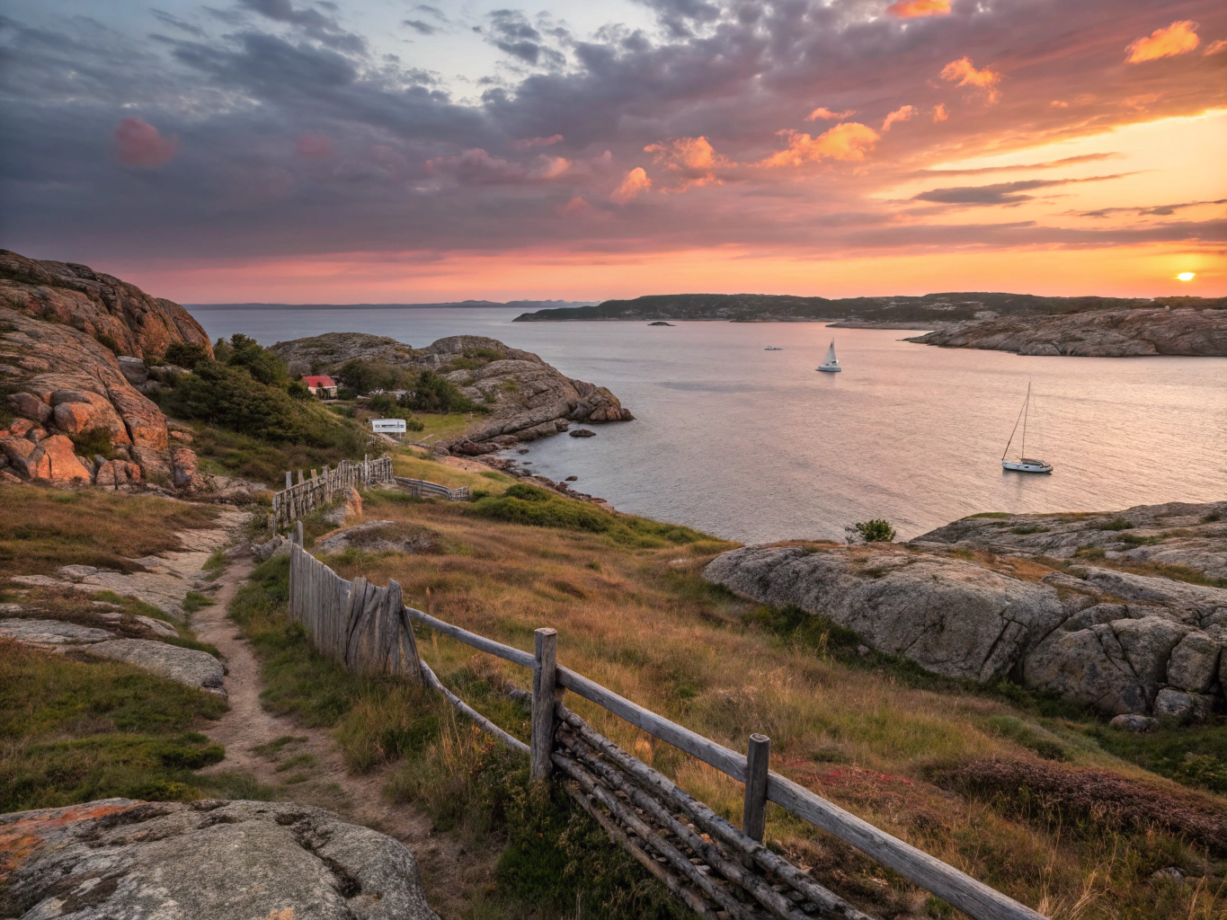 Weathered granite rocks and charming red wooden boat houses across the Gothenburg archipelago