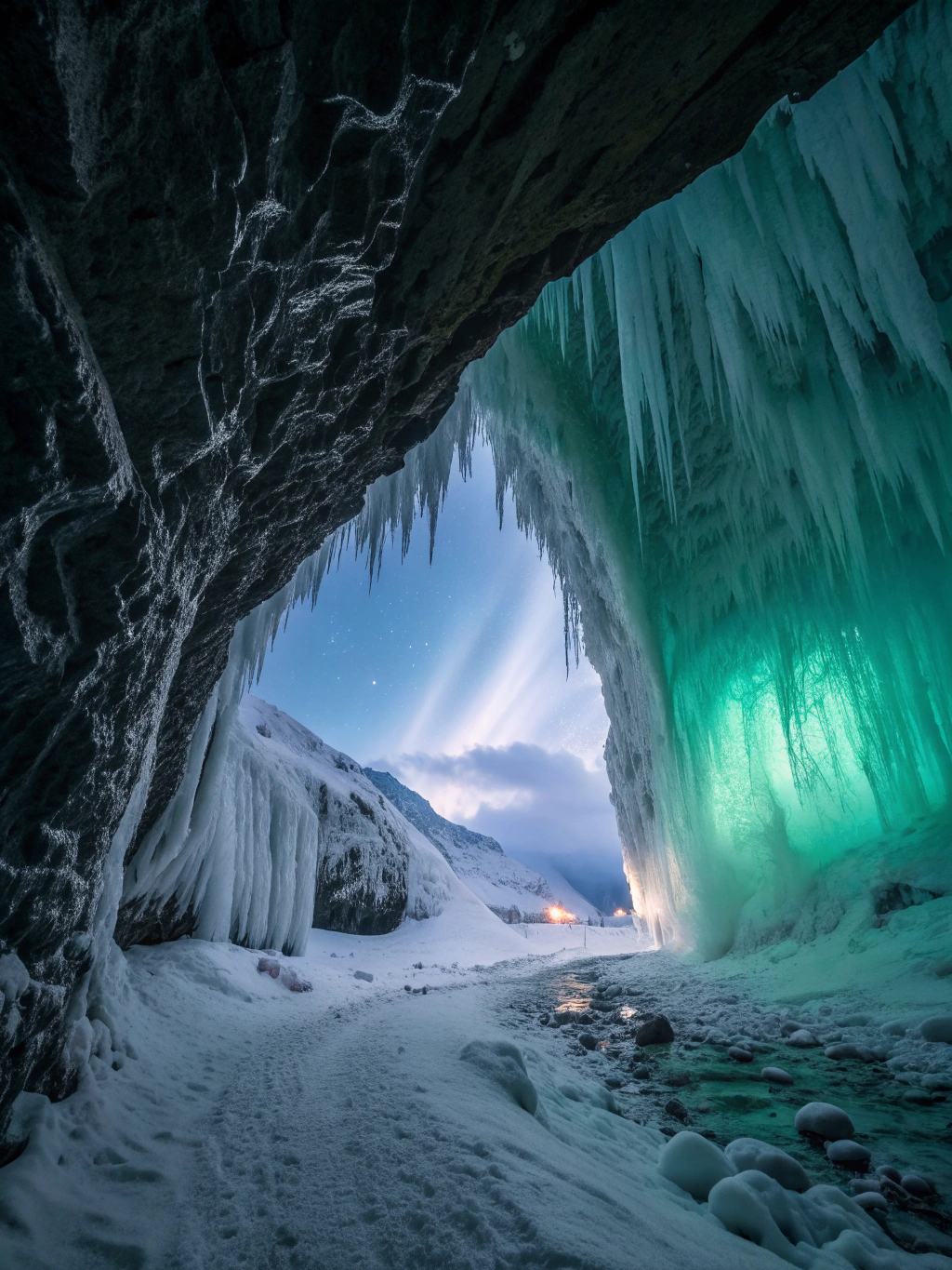 Intricately sculpted ice arches and crystalline frozen art installations illuminated inside an ice hotel near Kiruna