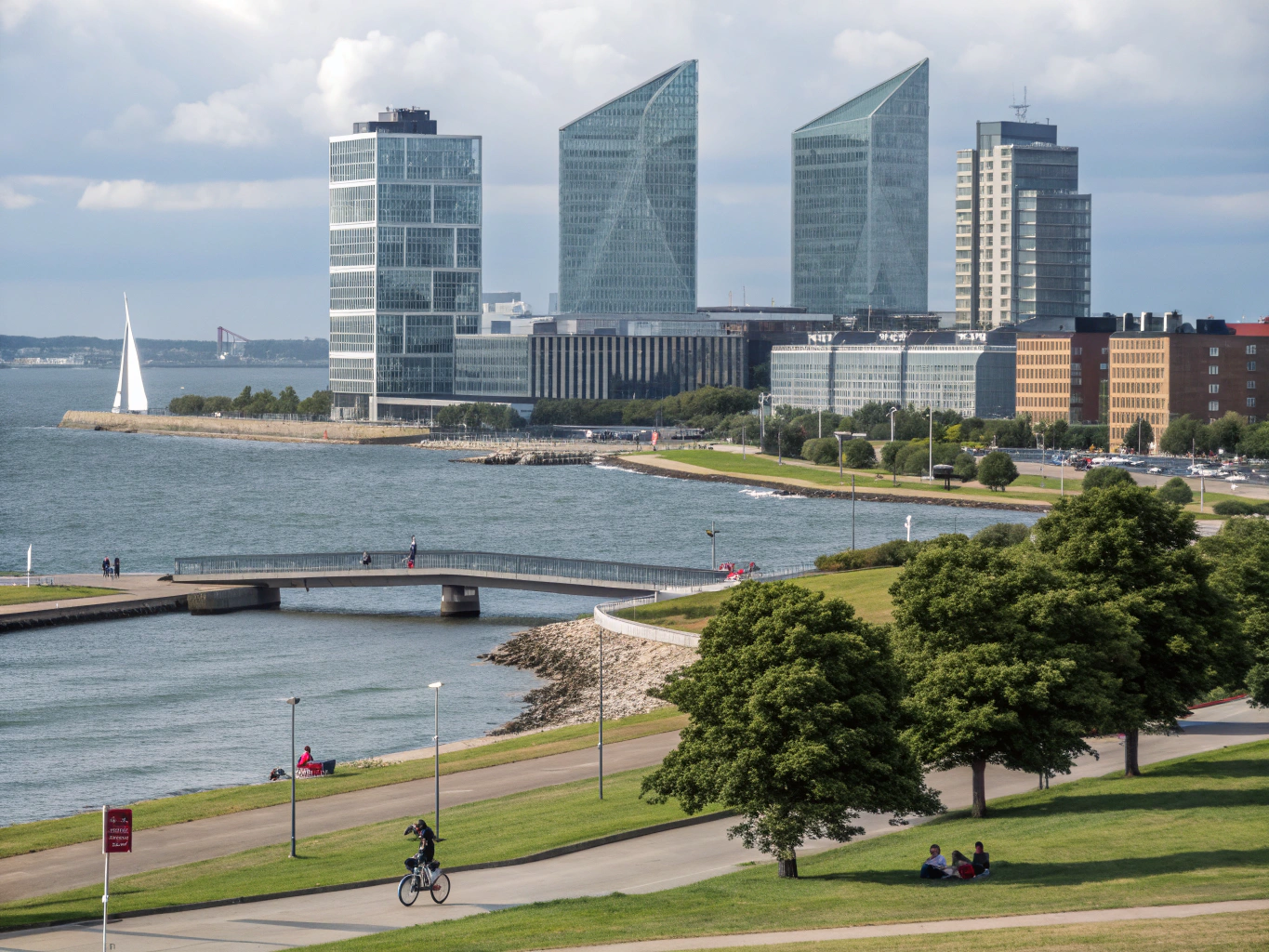 Sleek contemporary eco-architecture and sea promenades along Malmö's western harbor facing the Øresund