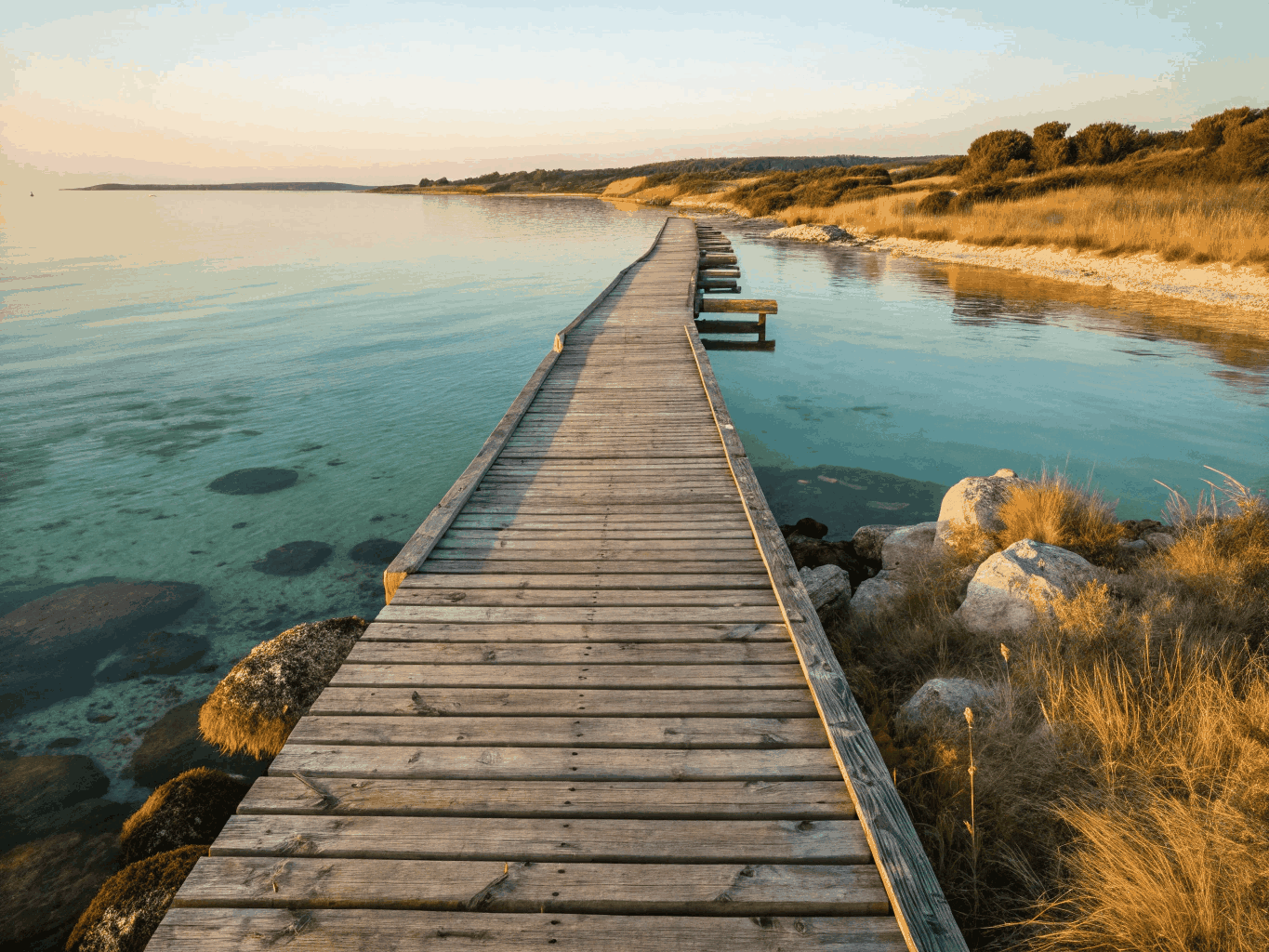 Pine-covered granite islands and calm blue sea channels across the Stockholm archipelago at late afternoon