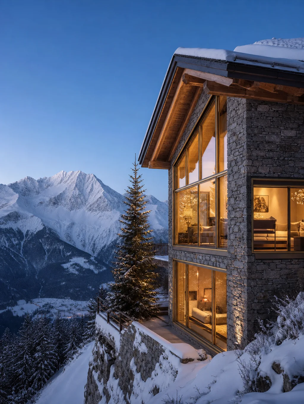 Exclusive timber chalet with glowing panoramic windows facing snow-covered alpine mountain peaks
