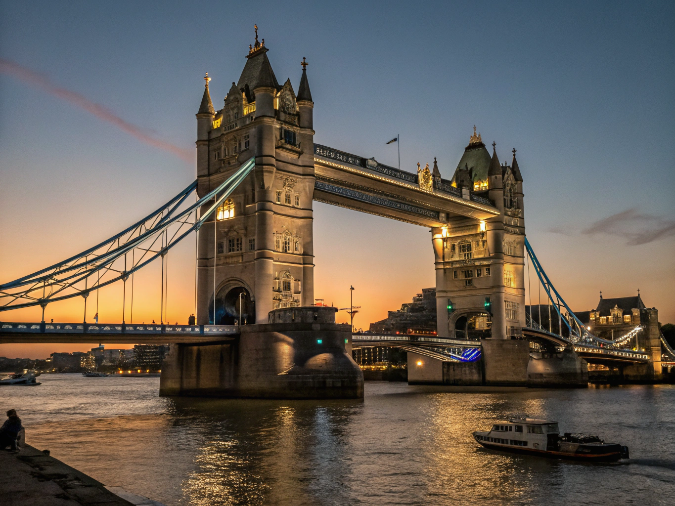 Ikoniske Tower Bridge opplyst over Themsen om natten med bylukter i London