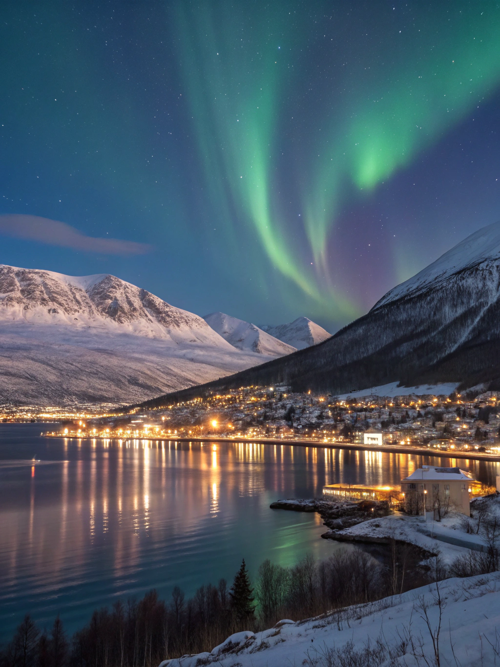Brilliant green aurora borealis illuminating snow-dusted mountains and quiet waters around Tromsø