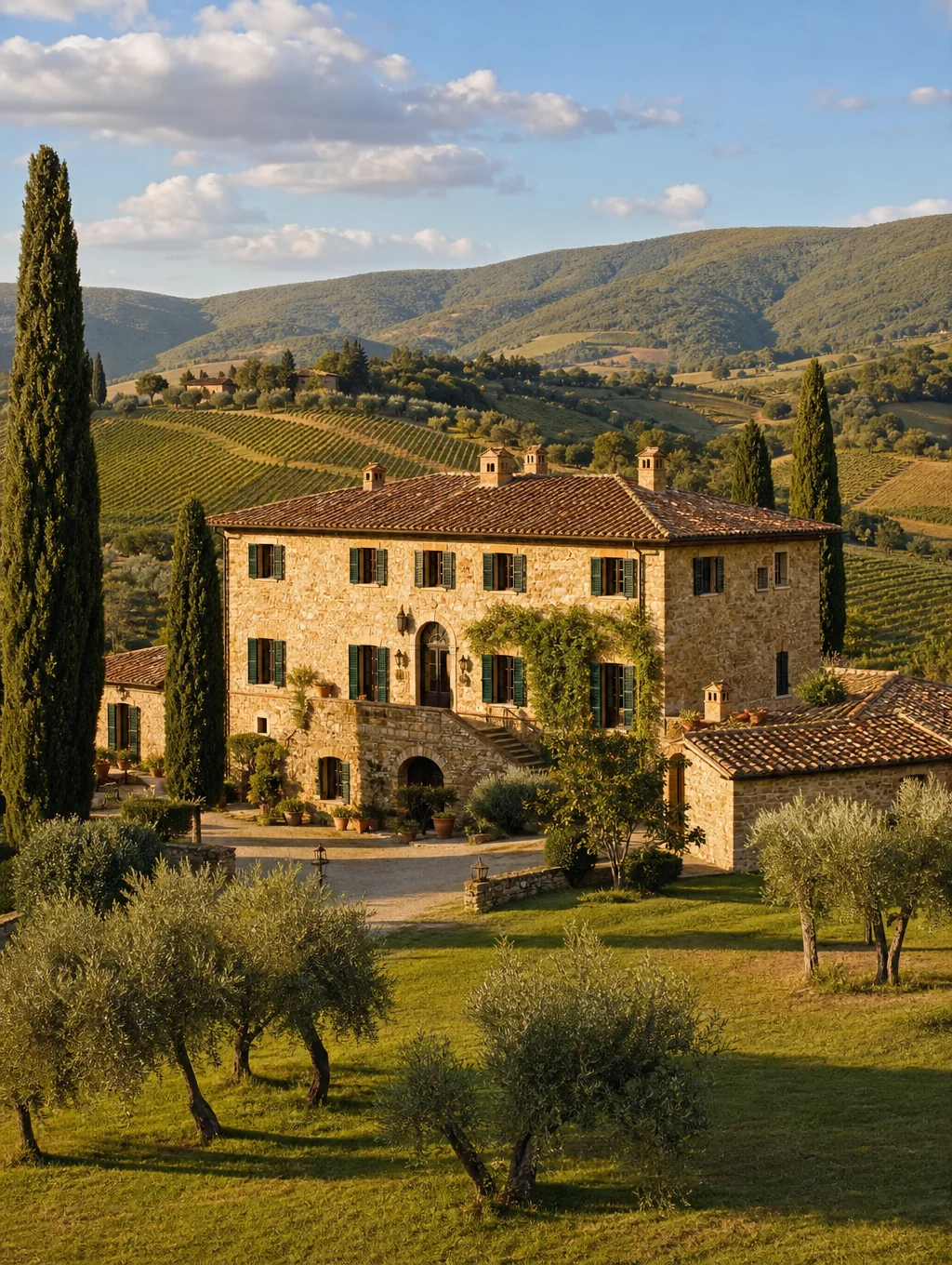 Private stone villa and cypress driveway winding across rolling golden hills in Tuscany