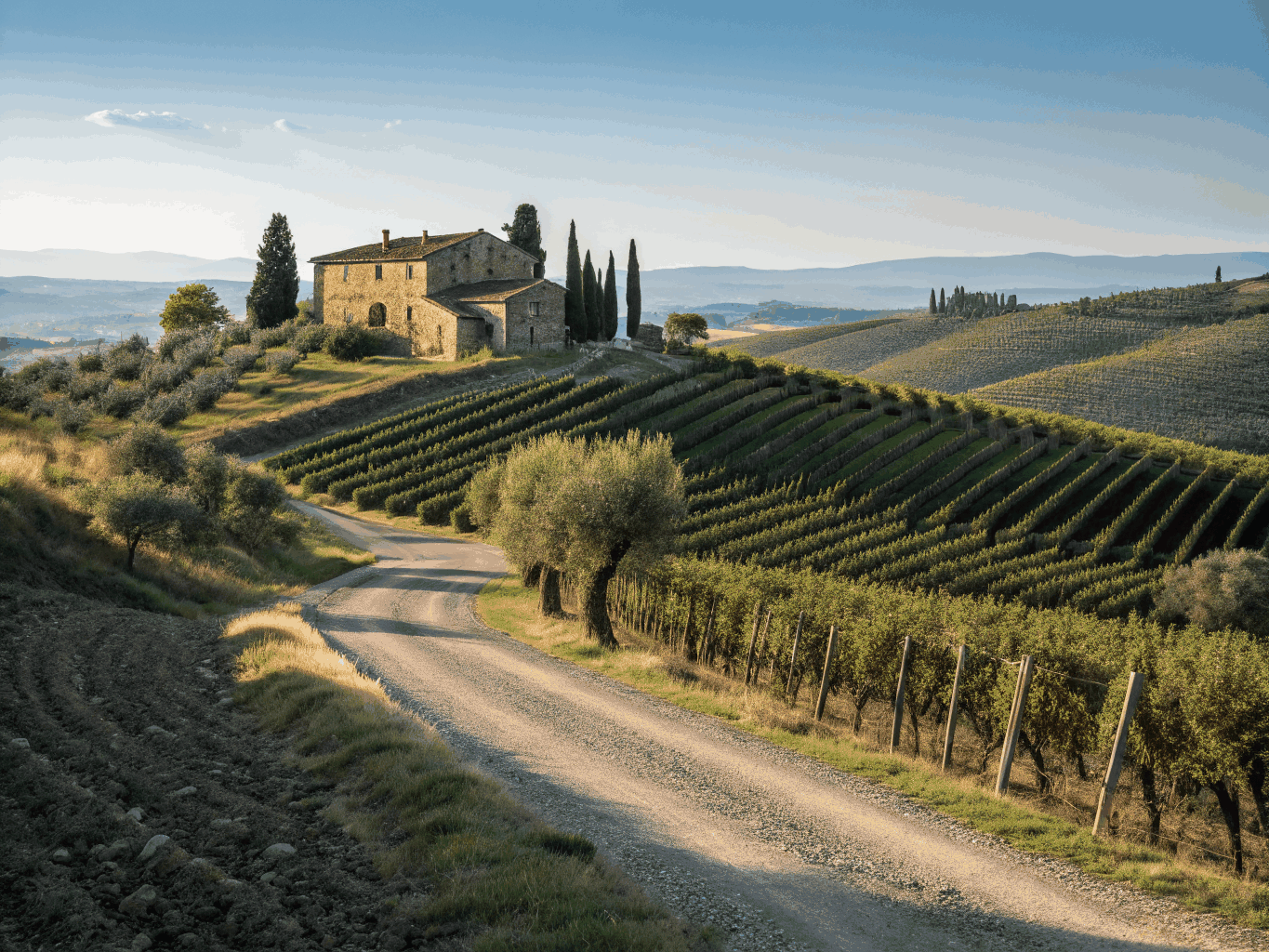 Rolling Tuscan hills lined with cypress trees and an ancient farmhouse
