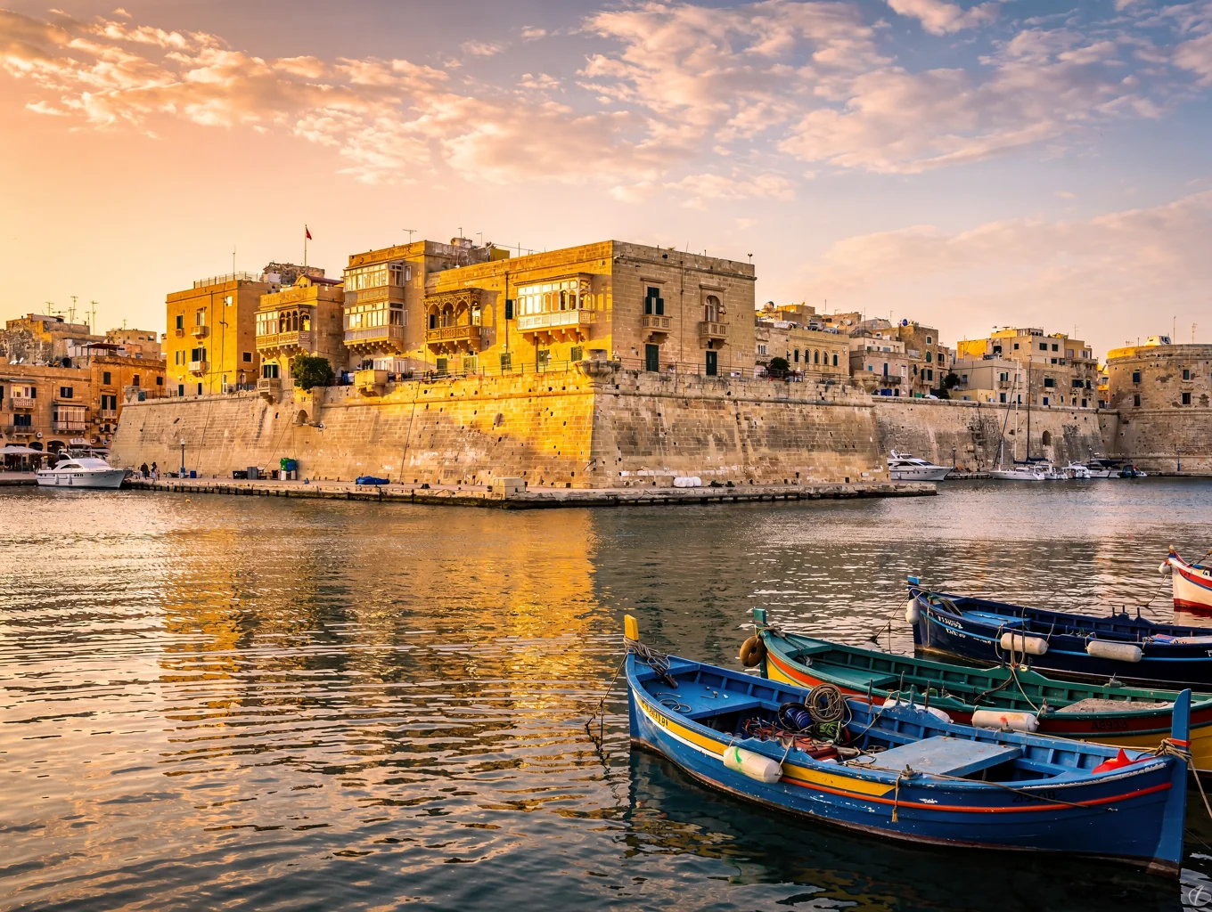 Festningsbyen Valletta med gyllen kalksteinsarkitektur og dypblått hav på Malta