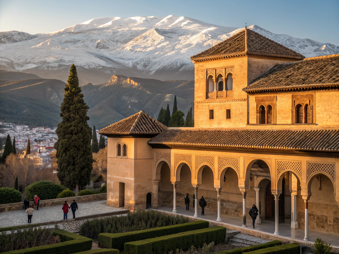 Generalife reflecting pools and archways overlooking the city of Granada