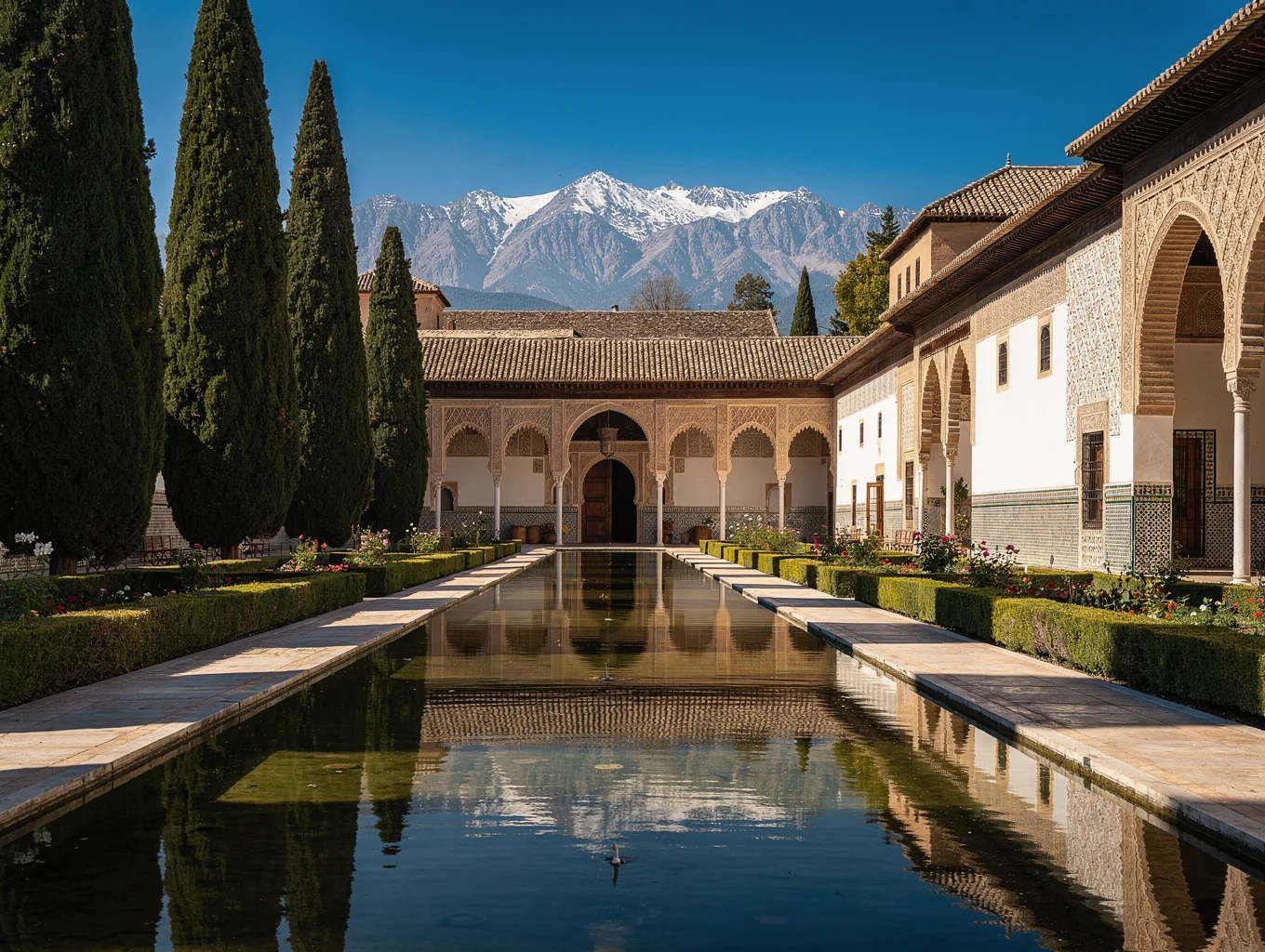 Generalife reflecting pools and archways overlooking the city of Granada