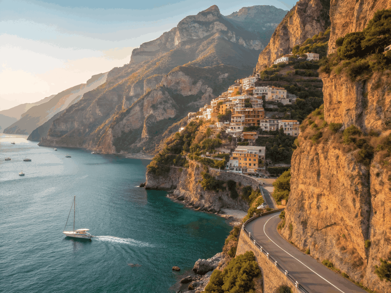 Colourful hillside village descending down steep cliffs to the Mediterranean