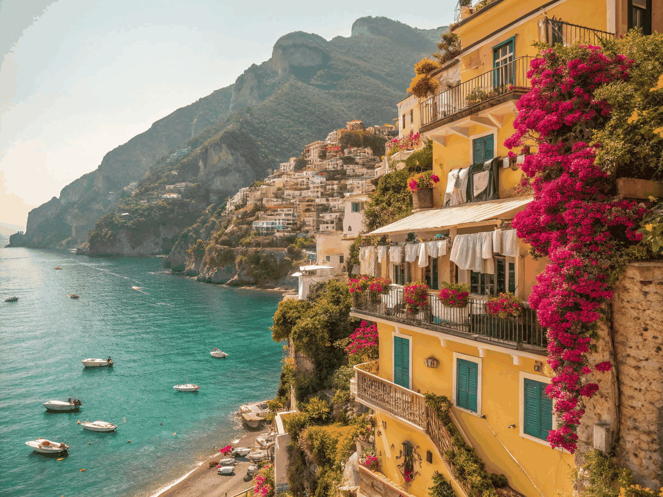 Colourful hillside village descending down steep cliffs to the Mediterranean