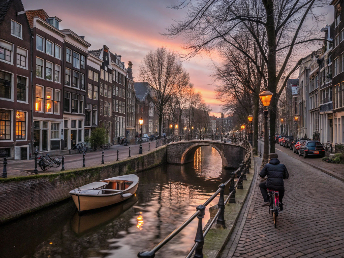 Bicycles resting along an arched brick canal bridge at dusk in Amsterdam