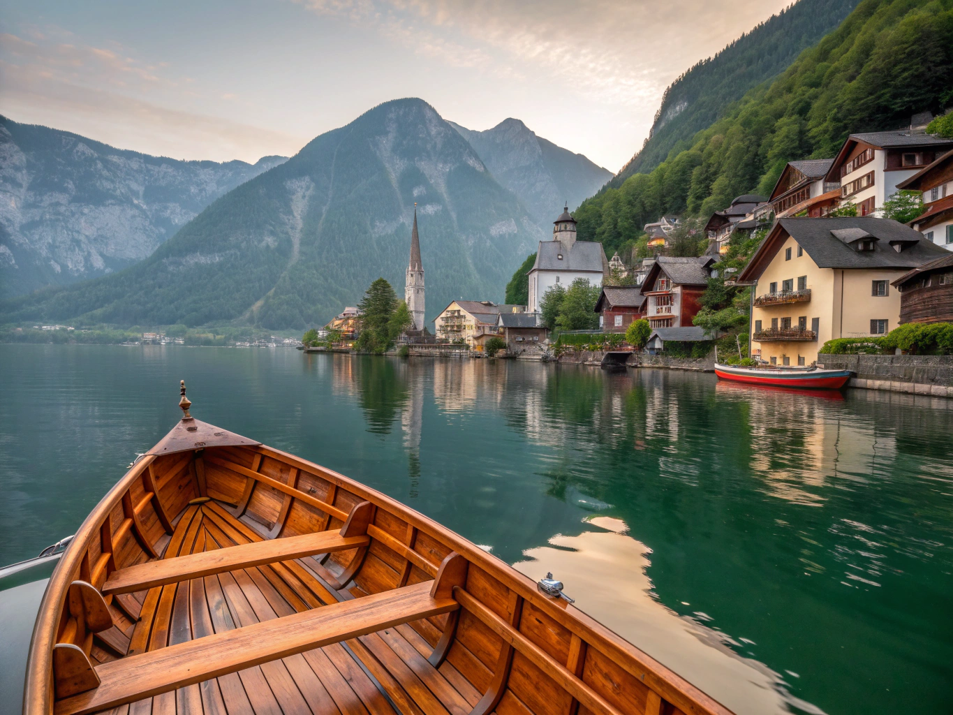 Quiet wooden boat gliding across clear waters near St Bartholomew Church