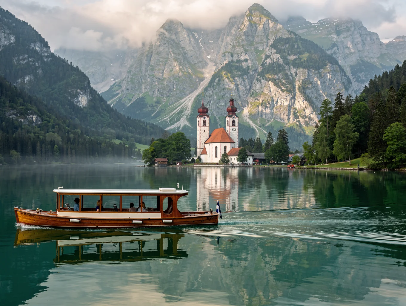 Quiet wooden boat gliding across clear waters near St Bartholomew Church