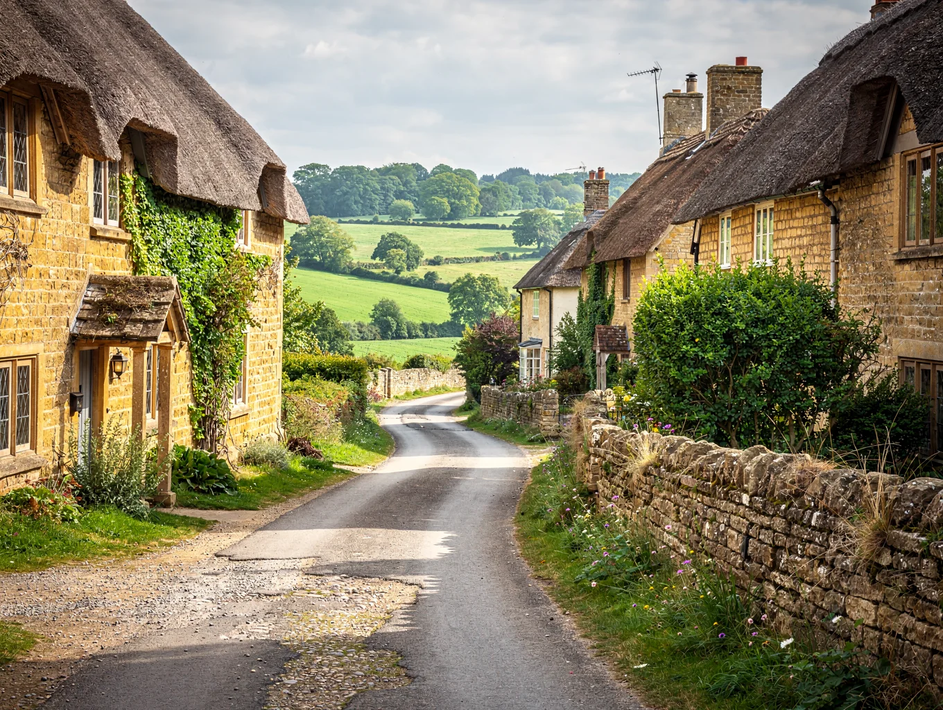 Thatched and stone cottages along a narrow curving lane in Castle Combe