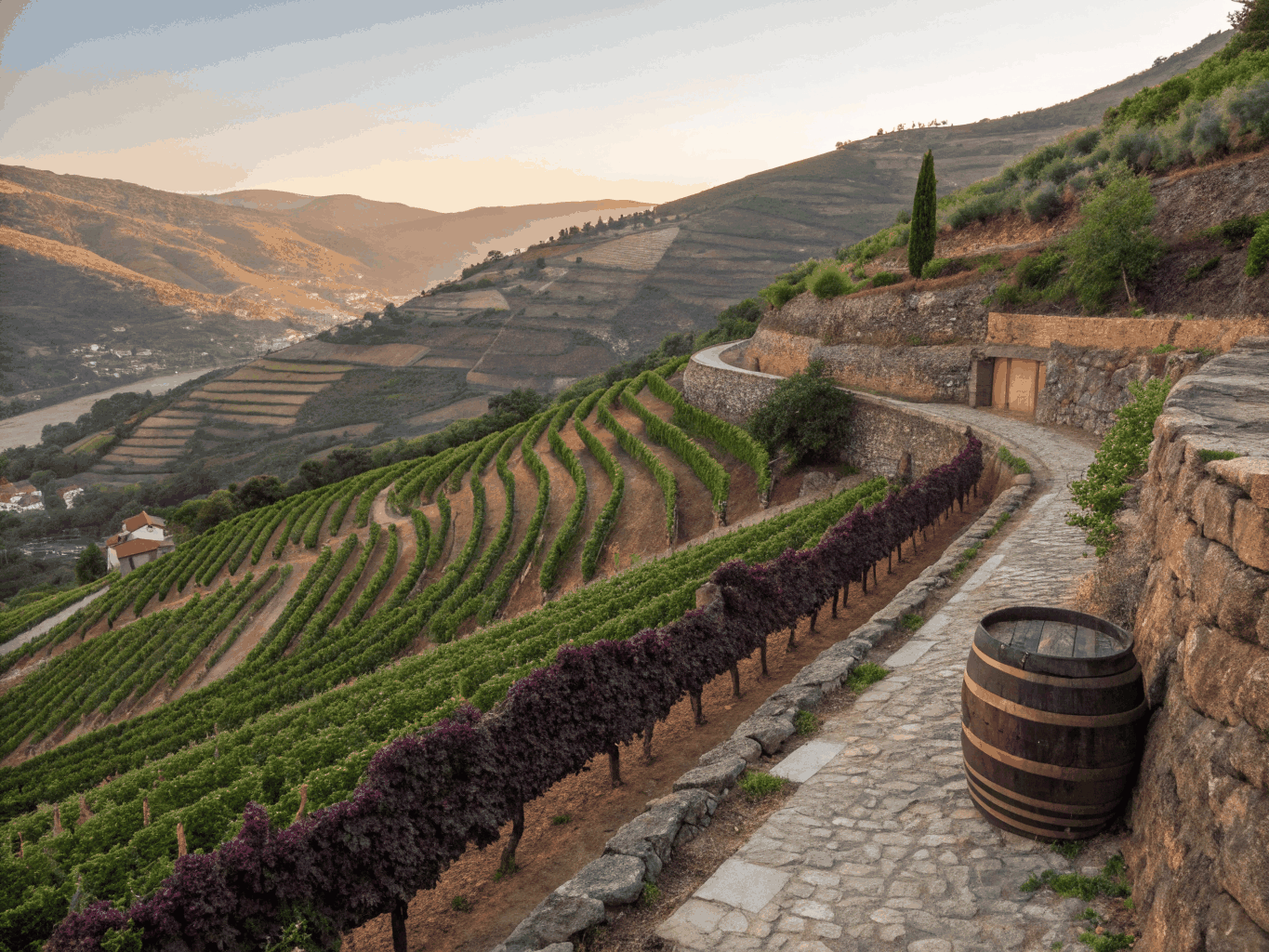 Sculpted vineyard terraces sloping directly down to the curving Douro river