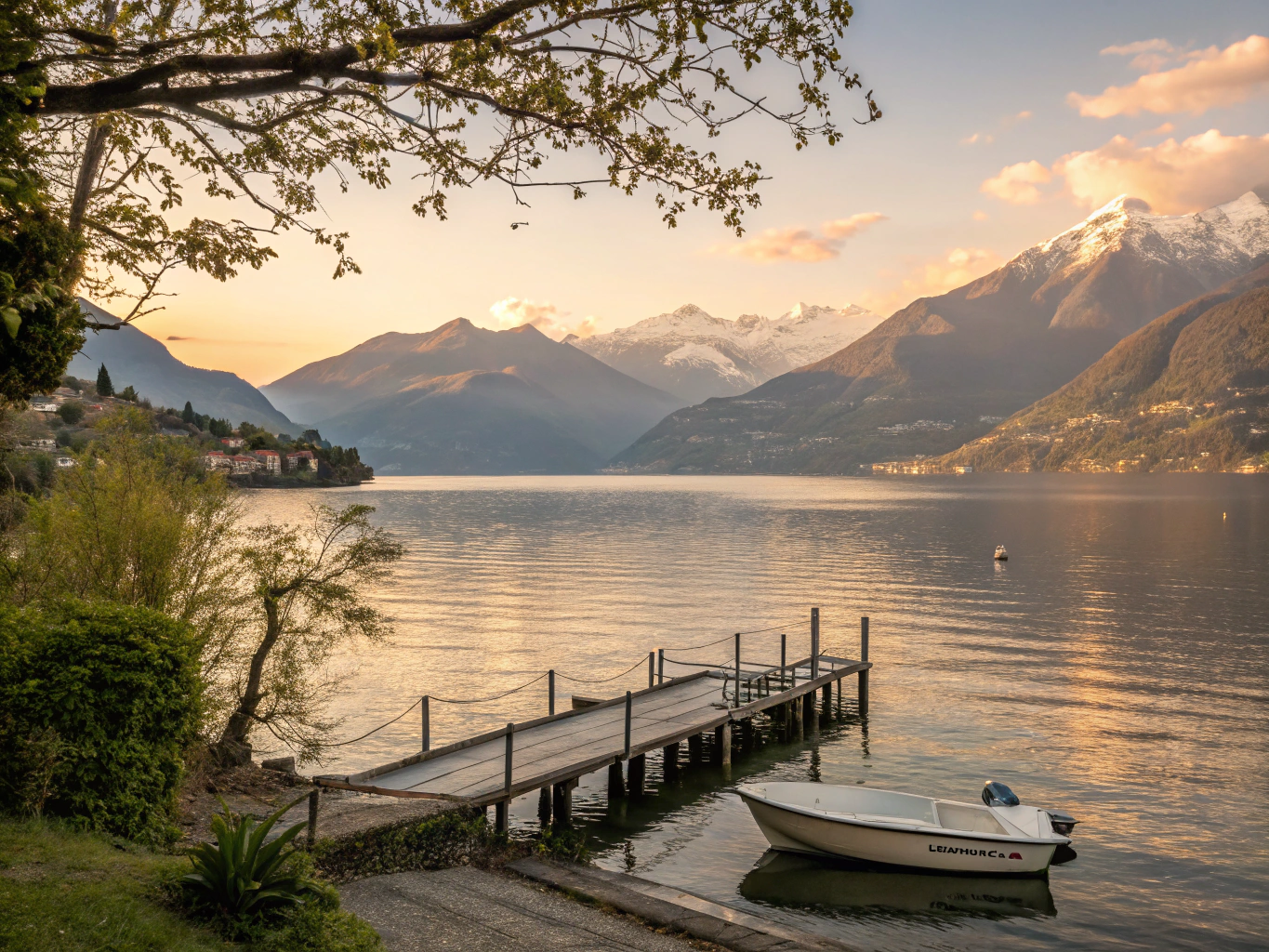 Ferry arriving at Bellagio harbor framed by Lake Como mountains
