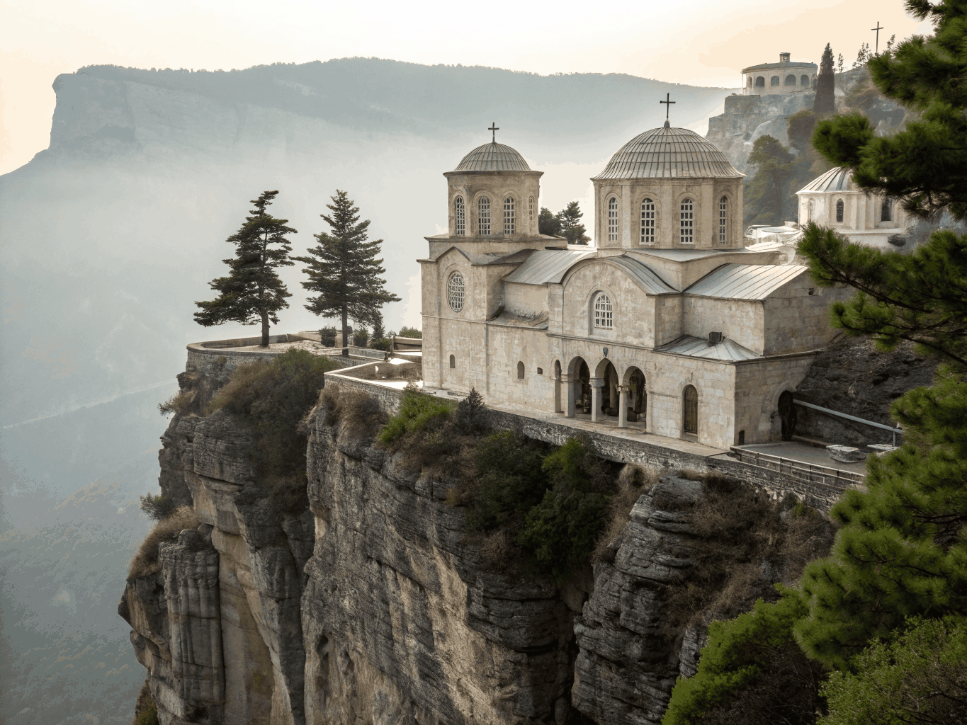 Red-roofed Byzantine monastery perched precariously on a sheer sandstone spire
