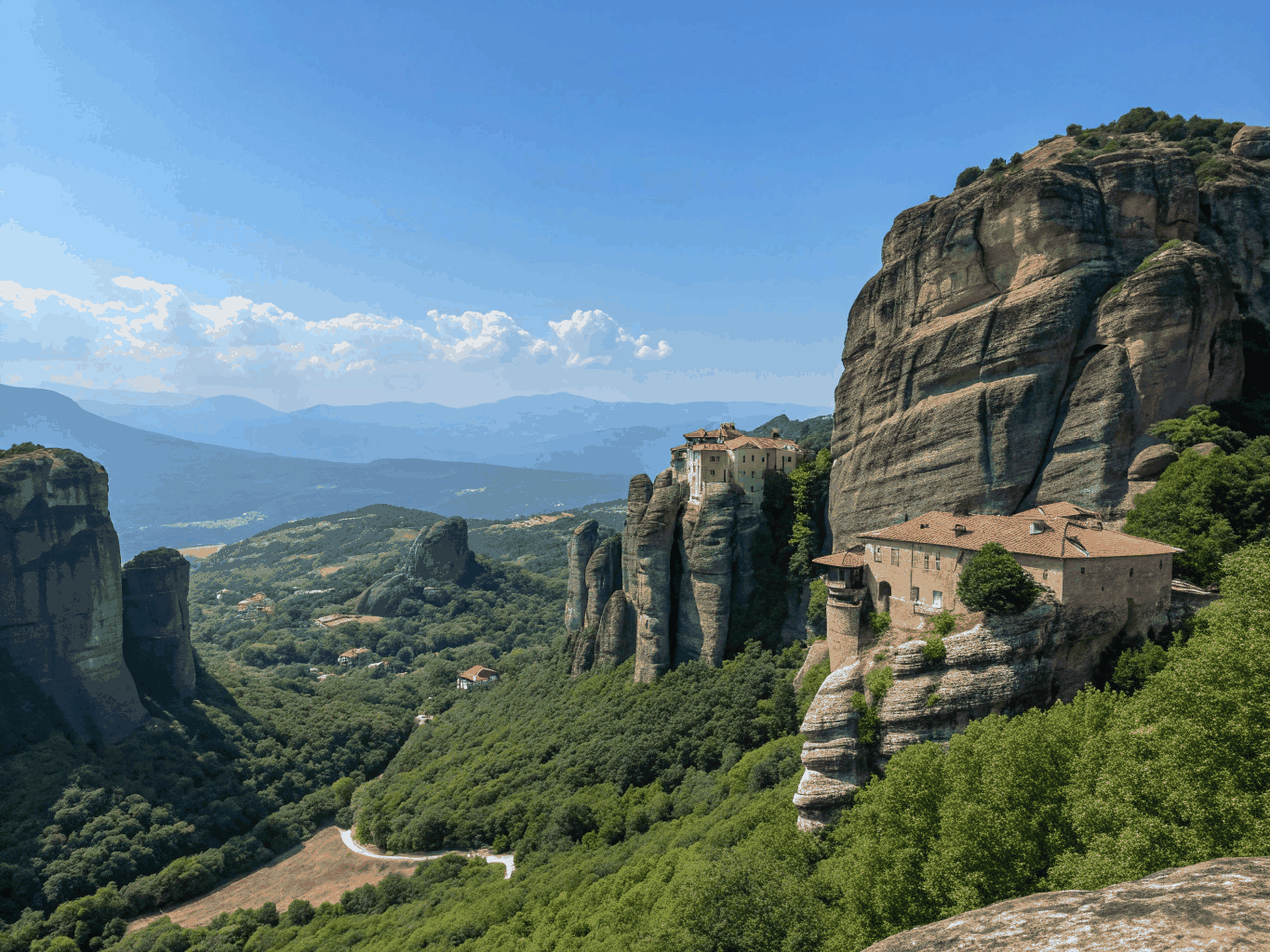 Red-roofed Byzantine monastery perched precariously on a sheer sandstone spire