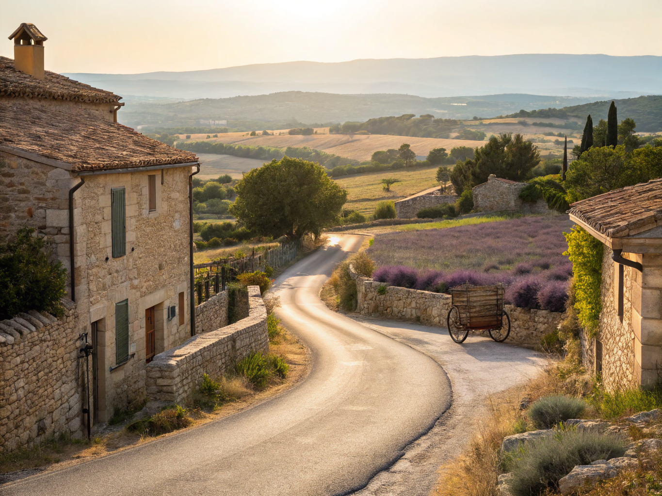 Stone village of Gordes perched high over the sunlit Luberon valley