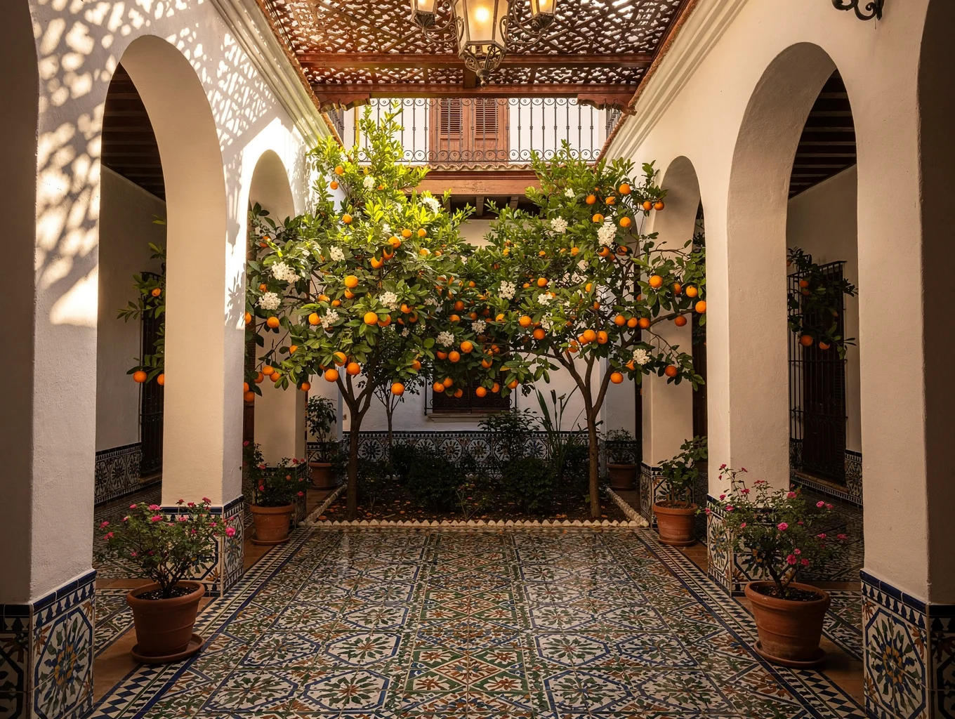 Intricate ceramic tilework and orange trees in a secluded Seville courtyard