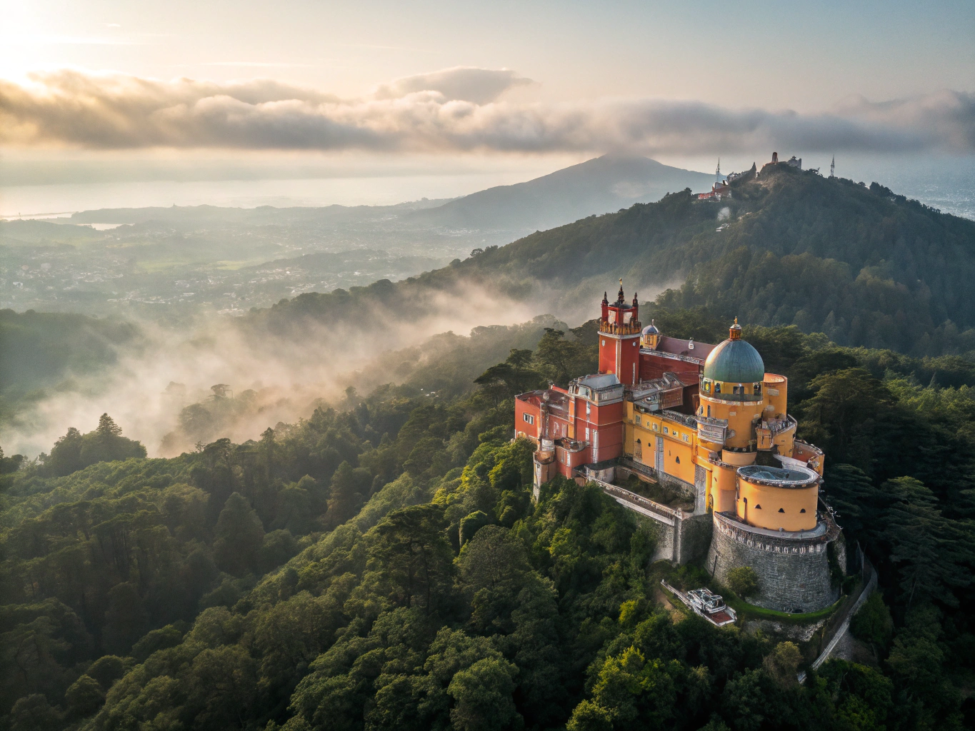 Eclectic towers and terraces of Pena Palace rising from coastal pine woodlands