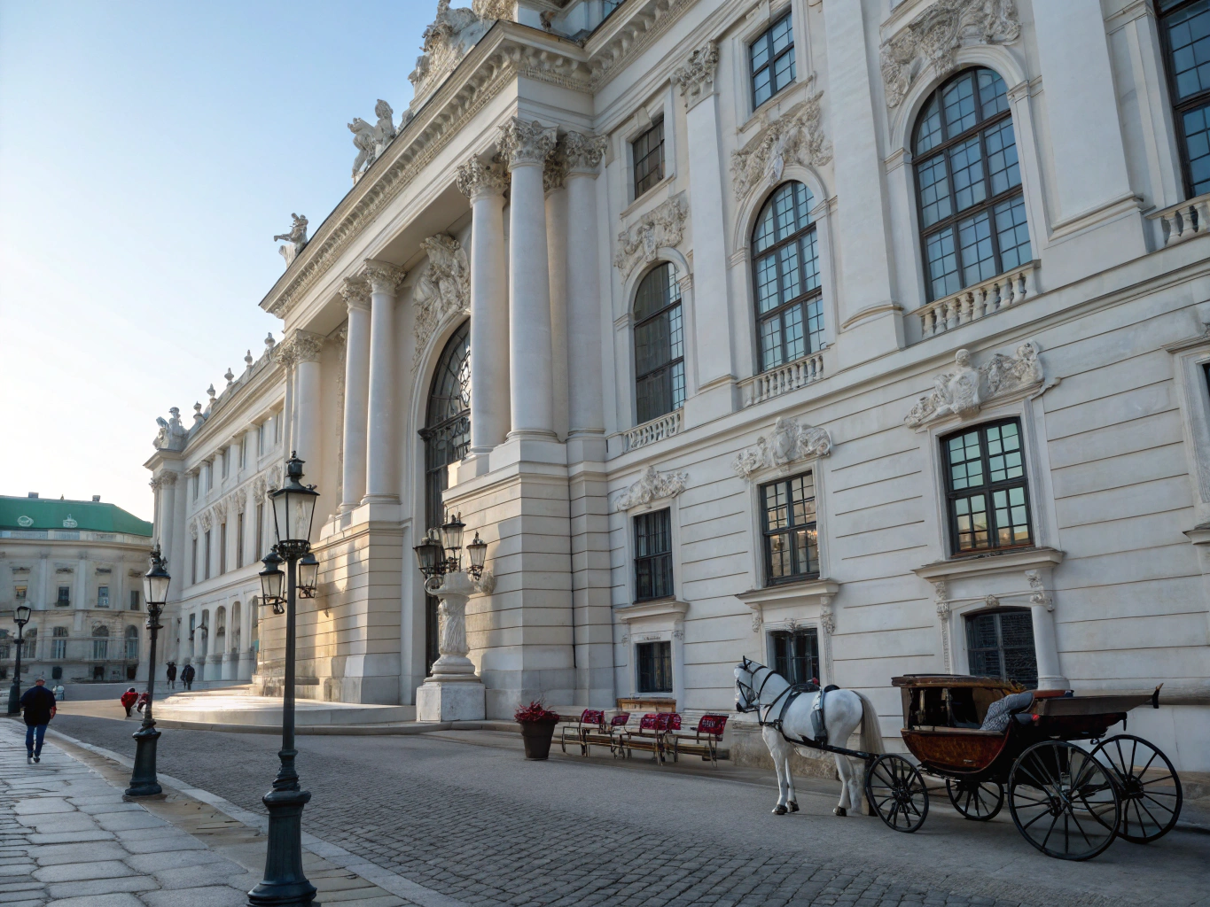 Grand neoclassical facade and cobblestone streets in central Vienna