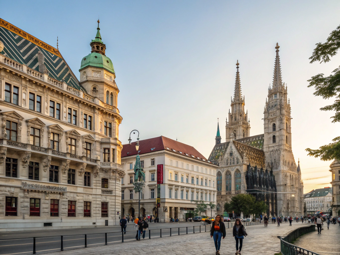 Grand neoclassical facade and cobblestone streets in central Vienna