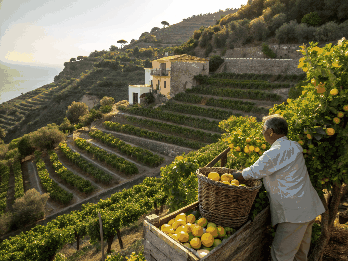 Terraced Mediterranean hillside with yellow lemons and coastal sea views