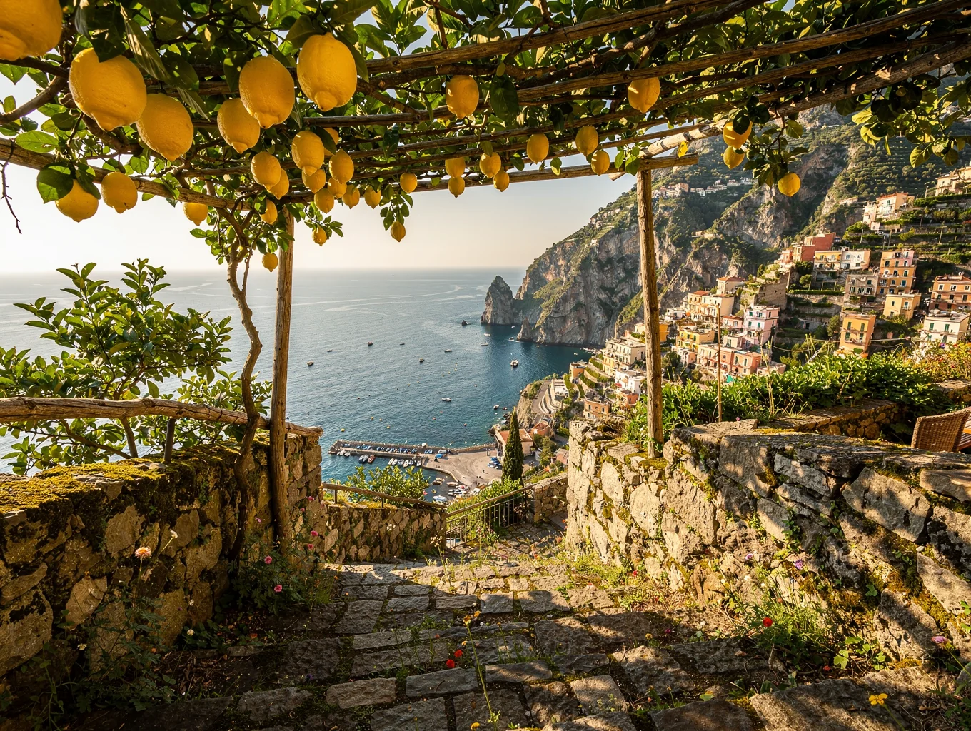 Terraced Mediterranean hillside with yellow lemons and coastal sea views