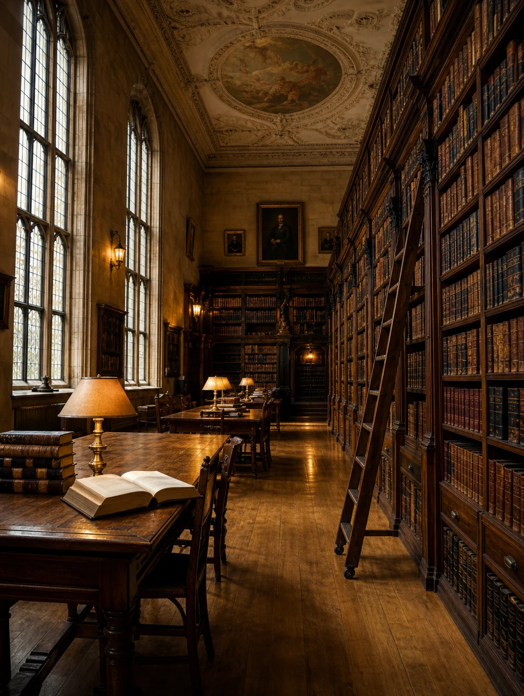 Ornate baroque library hall lined with dark carved bookcases and gold trim