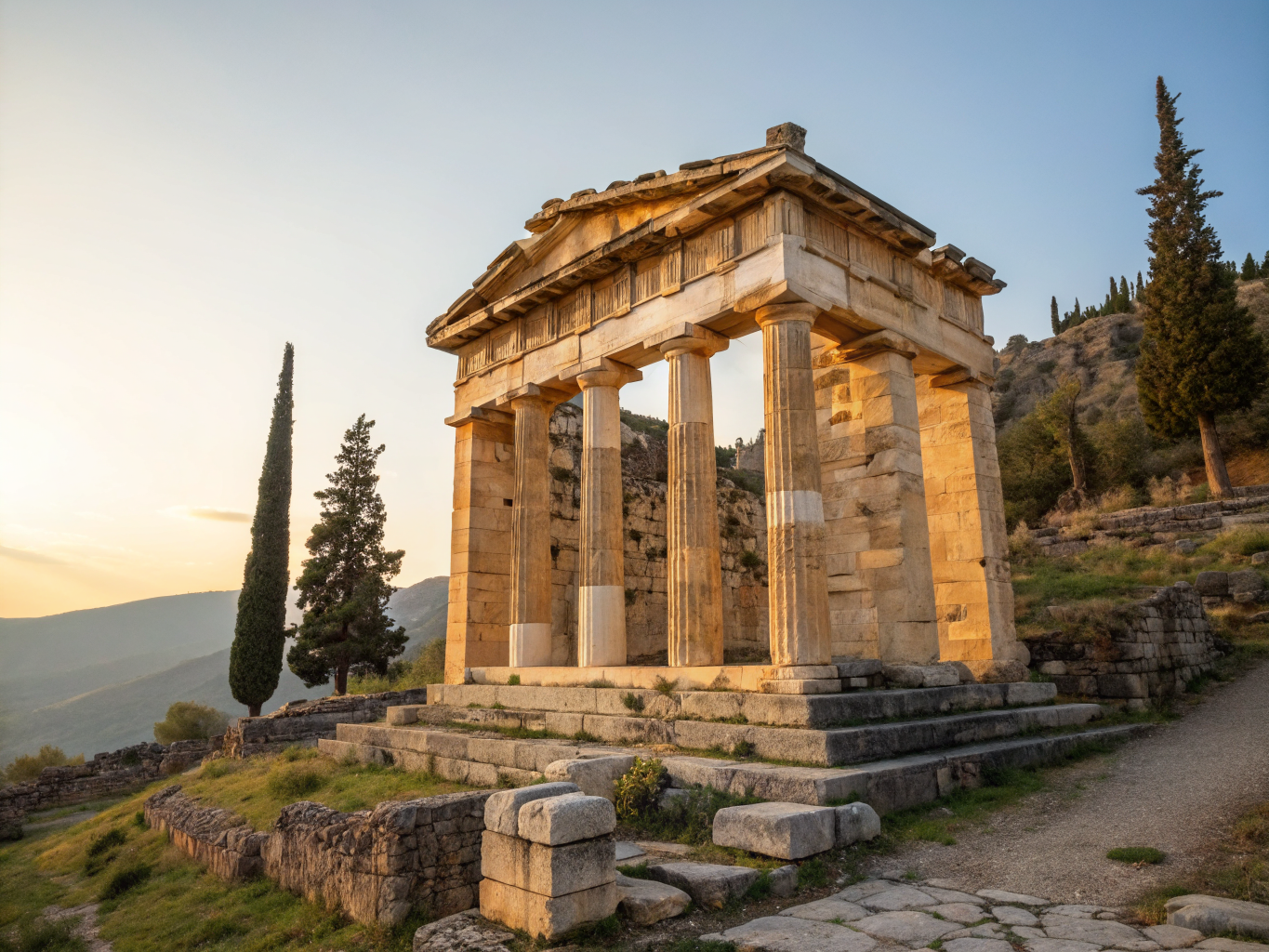 Classical circular Greek temple ruins surrounded by silver olive groves